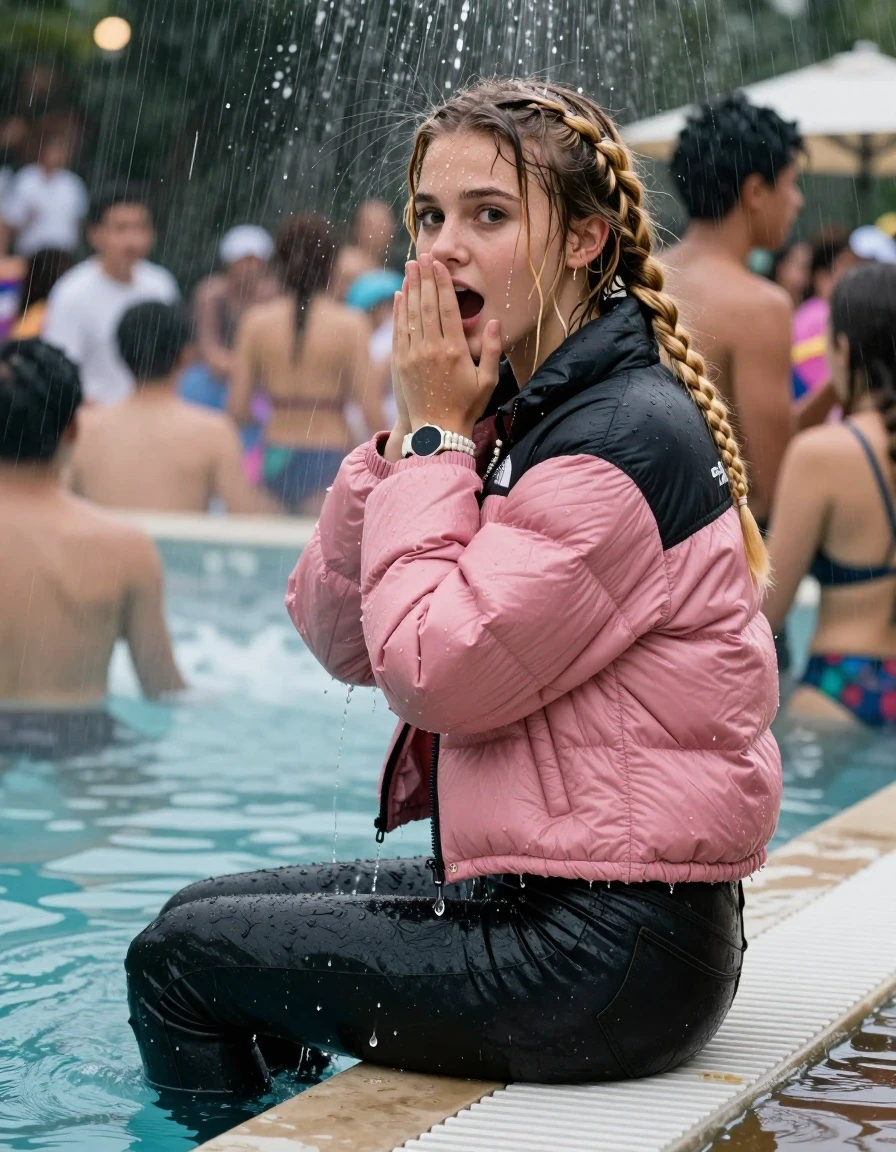 photo of young woman, in soaking wet, drenched clothes,
, Dark skinny jeans, Pink north face puffer down jacket, Open jacket, tight v-neck sweater, shoulderbag, pearl necklace, bracelet, wristwatch, Steaming outdoor jacuzzi at crowded pool party with a lot of people in soaked clothes, 
enjoying, wet clothes stuck to body,
detailed textures of the wet clothes, wet face, wet plastered hair,
wet, drenched, professional, high-quality details, full body view.
sharp focus, ultra-high pixel detail, realistic, high-quality, full colors, incredibly detailed, 4k, 8k, 16k, hyper-realistic, RAW photo, masterpiece, ultra-detailed, professionally color graded, professional photograph, A realistic vertical fashion photograph taken from a backward, behind-the-back angle of a young cute teenage girl sitting on the edge of the pool while it pours water on her during a heavy storm, facing to the camera to show her back. She is tilting her head at camera, letting the water drench her hair so it is glued flat against her head and body. She has two hydrogen-blonde long braids , completely saturated and dripping wet hair, with water cascading down her face and neck. Afraid and astonished expression. cover her mouth with her hands. open mouth, big eyes. The lighting is bright and cinematic, highlighting the glistening water droplets on her skin and the saturated texture of her  casual clothes. Soft, moody indoor lighting with reflections on the water. High-quality fashion photography style.
her clothing is soaking wet and clinging tightly to her skin, showing heavy wet folds, darkened fabric texture, and deep water-saturated Patches, her clothes are heavy from the water, water runs from her body and her clothes in streams. A lot of water also runs out of her clothes. Her clothes are darkened by the water. 
hyper-realistic wetness, high-contrast water sheen, sharp focus, 16k resolution, professional photography, realistic water physics., wet skin, wet clothes, damp fabric, wet skin, wet clothes, damp fabric, wet skin, wet clothes, damp fabric, wet skin, wet clothes, damp fabric, wet skin, wet clothes, damp fabric, wet skin, wet clothes, damp fabric, wet skin, wet clothes, damp fabric, wet skin, wet clothes, damp fabric, wet skin, wet clothes, damp fabric, wet skin, wet clothes, damp fabric, wet skin, wet clothes, damp fabric, wet skin, wet clothes, damp fabric, wet skin, wet clothes, damp fabric, wet skin, wet clothes, damp fabric, wet skin, wet clothes, damp fabric, wet skin, wet clothes, damp fabric