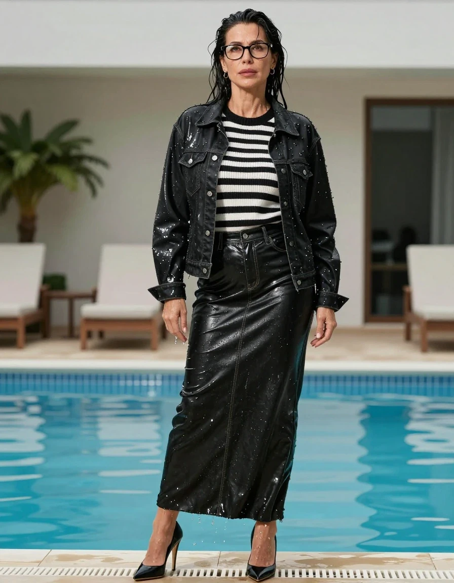 photo of young woman, in soaking wet, drenched clothes,
high-heeled shoes, shiny black leather denim maxi skirt, shiny black & wihite striped sweater, maxi shiny black denim jacket, after swim in pool, enjoying wet clothes stuck body, enjoying, wet clothes stuck to body, 
enjoying, wet clothes stuck to body,
detailed textures of the wet clothes, wet face, wet plastered hair,
wet, drenched, professional, high-quality details, full body view.
sharp focus, ultra-high pixel detail, realistic, high-quality, full colors, incredibly detailed, 4k, 8k, 16k, hyper-realistic, RAW photo, masterpiece, ultra-detailed, professionally color graded, professional photograph, europen brunette skinny woman 50 years old, long dark black hair, office glasses, very big and thick lips, complete body, wet skin, wet clothes, damp fabric, wet skin, wet clothes, damp fabric, wet skin, wet clothes, damp fabric, wet skin, wet clothes, damp fabric, wet skin, wet clothes, damp fabric, wet skin, wet clothes, damp fabric, wet skin, wet clothes, damp fabric
