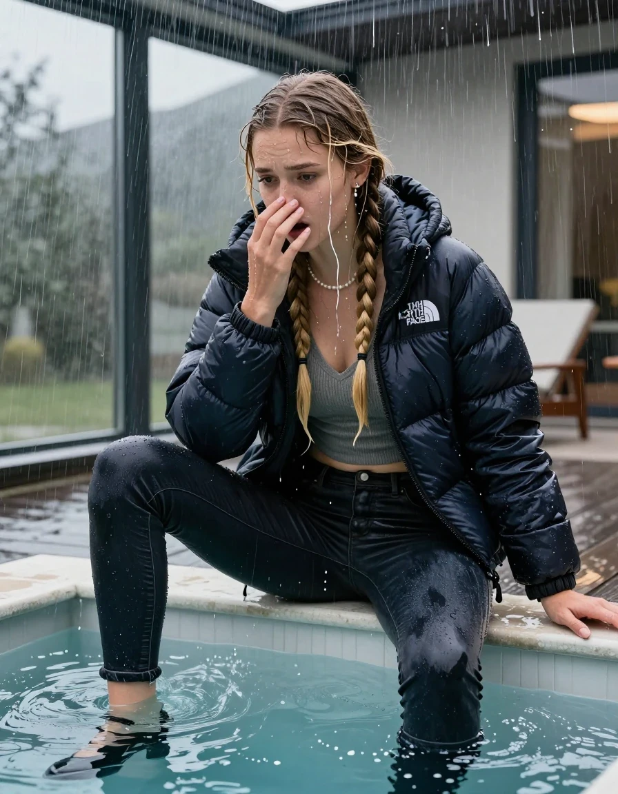 photo of young woman, in soaking wet, drenched clothes,
black heels, Dark skinny jeans,  north face puffer down jacket, Open jacket, tight v-neck sweater, shoulderbag, pearl necklace, bracelet, wristwatch, Steaming outdoor jacuzzi , 
enjoying, wet clothes stuck to body,
detailed textures of the wet clothes, wet face, wet plastered hair,
wet, drenched, professional, high-quality details, full body view.
sharp focus, ultra-high pixel detail, realistic, high-quality, full colors, incredibly detailed, 4k, 8k, 16k, hyper-realistic, RAW photo, masterpiece, ultra-detailed, professionally color graded, professional photograph, A realistic vertical fashion photograph of a 15-year-old teenage girl sitting  in a glass-walled outdoor swimming pool while it pours water on her during a heavy storm , legs apart, cover her nose with a hand, looking down. She is tilting her head down, letting the water drench her hair so it is glued flat against her head and body. She has two blonde long braids , completely saturated and dripping wet hair, with water cascading down her face and neck. afraid and astonished expression. open mouth, big eyes. The lighting is bright and cinematic, highlighting the glistening water droplets on her skin and the saturated texture of her  casual clothes. Outside the large glass wall of the pool building, heavy rain is visible falling against the window. Soft, moody indoor lighting with reflections on the water. High-quality fashion photography style.
her clothing is soaking wet and clinging tightly to her skin, showing heavy wet folds, darkened fabric texture, and deep water-saturated Patches, her clothes are heavy from the water, water runs from her body and her clothes in streams. A lot of water also runs out of her clothes. Her clothes are darkened by the water. 
hyper-realistic wetness, high-contrast water sheen, sharp focus, 16k resolution, professional photography, realistic water physics., wet skin, wet clothes, damp fabric, wet skin, wet clothes, damp fabric, wet skin, wet clothes, damp fabric, wet skin, wet clothes, damp fabric, wet skin, wet clothes, damp fabric, wet skin, wet clothes, damp fabric, wet skin, wet clothes, damp fabric, wet skin, wet clothes, damp fabric, wet skin, wet clothes, damp fabric, wet skin, wet clothes, damp fabric, wet skin, wet clothes, damp fabric, wet skin, wet clothes, damp fabric, wet skin, wet clothes, damp fabric, wet skin, wet clothes, damp fabric, wet skin, wet clothes, damp fabric, wet skin, wet clothes, damp fabric