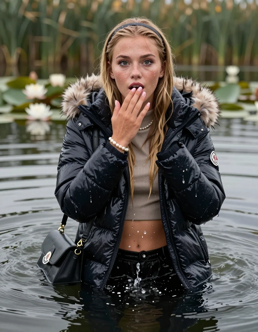 photo of young woman, in soaking wet, drenched clothes,
, , Moncler shiny puffer long down coat with fur, open jacket,  tight turtleneck sweater belly free, shoulderbag, pearl necklace, bracelet, wristwatch, Swimming and sinking deep into the water after diving in a lake with water lilies and reeds, 
enjoying, wet clothes stuck to body,
detailed textures of the wet clothes, wet face, wet plastered hair,
wet, drenched, professional, high-quality details, full body view.
sharp focus, ultra-high pixel detail, realistic, high-quality, full colors, incredibly detailed, 4k, 8k, 16k, hyper-realistic, RAW photo, masterpiece, ultra-detailed, professionally color graded, professional photograph, blonde Sleek long straight hair, hairband

15 years old  teenage girl

Looking up at camera, Whole body and shoulders are submerged under the surface. open mouth, big eyes. Make-up.

she is completely underwater up to her neck.

one hand over her mouth.

her submerged clothes are hardly vusible under water, she soaked her handbag into the water
she is completely underwater up to her neck, astonished expression. 

her clothing is soaking wet and clinging tightly to her skin, showing heavy wet folds, darkened fabric texture, and deep water-saturated Patches, her clothes are heavy from the water, water runs from her body and her clothes in streams. A lot of water also runs out of her clothes. Her clothes are darkened by the water. Her submerged clothes are good visible under the water.  she soaked her handbag into the water.

close up view, wet skin, wet clothes, wet hair, damp fabric, water runs down the clothes, wet skin, wet clothes, damp fabric. cinematic medium shot, hyper-realistic wetness, high-contrast water sheen, sharp focus, 16k resolution, professional photography, realistic water physics., wet skin, wet clothes, damp fabric, wet skin, wet clothes, damp fabric, wet skin, wet clothes, damp fabric, wet skin, wet clothes, damp fabric, wet skin, wet clothes, damp fabric