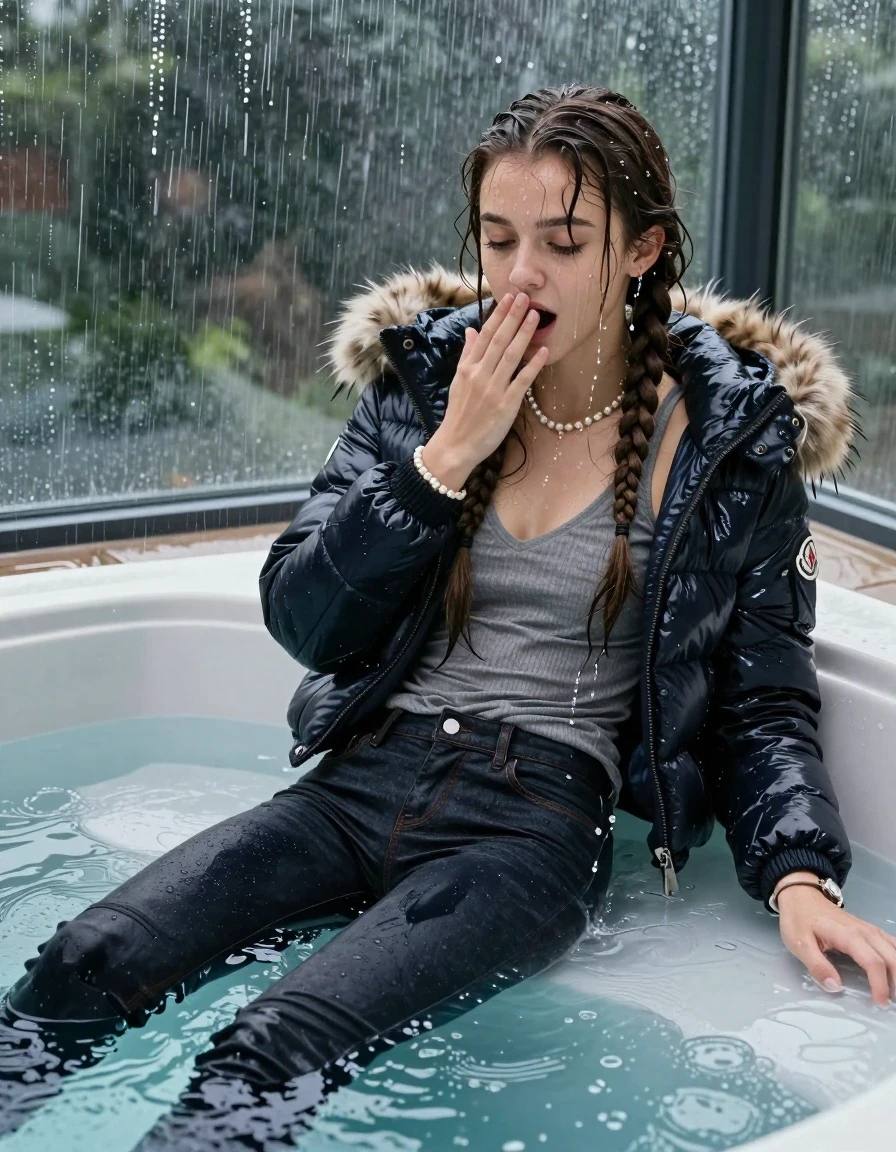 photo of young woman, in soaking wet, drenched clothes,
, Dark skinny jeans, Moncler shiny puffer down jacket with fur, Open jacket, tight v-neck sweater, shoulderbag, pearl necklace, bracelet, wristwatch, Lying in Steaming indoor jacuzzi , 
enjoying, wet clothes stuck to body,
detailed textures of the wet clothes, wet face, wet plastered hair,
wet, drenched, professional, high-quality details, full body view.
sharp focus, ultra-high pixel detail, realistic, high-quality, full colors, incredibly detailed, 4k, 8k, 16k, hyper-realistic, RAW photo, masterpiece, ultra-detailed, professionally color graded, professional photograph, A realistic vertical fashion photograph taken from a backward, behind-the-back angle of a 15-year-old teenage girl in a glass-walled outdoor swimming pool, facing to the camera to show her back. She is tilting her head down at camera, letting the water drench her hair so it is glued flat against her head and body. She has two long braids , completely saturated and dripping wet hair, with water cascading down her face and neck. Horny and astonished expression. Hold her hands over her mouth. open mouth, closed eyes. The lighting is bright and cinematic, highlighting the glistening water droplets on her skin and the saturated texture of her  casual clothes. Outside the large glass wall of the pool building, heavy rain is visible falling against the window. Soft, moody indoor lighting with reflections on the water. High-quality fashion photography style.
her clothing is soaking wet and clinging tightly to her skin, showing heavy wet folds, darkened fabric texture, and deep water-saturated Patches, her clothes are heavy from the water, water runs from her body and her clothes in streams. A lot of water also runs out of her clothes. Her clothes are darkened by the water. 
hyper-realistic wetness, high-contrast water sheen, sharp focus, 16k resolution, professional photography, realistic water physics., wet skin, wet clothes, damp fabric, wet skin, wet clothes, damp fabric, wet skin, wet clothes, damp fabric, wet skin, wet clothes, damp fabric, wet skin, wet clothes, damp fabric, wet skin, wet clothes, damp fabric, wet skin, wet clothes, damp fabric, wet skin, wet clothes, damp fabric, wet skin, wet clothes, damp fabric, wet skin, wet clothes, damp fabric, wet skin, wet clothes, damp fabric, wet skin, wet clothes, damp fabric, wet skin, wet clothes, damp fabric, wet skin, wet clothes, damp fabric, wet skin, wet clothes, damp fabric, wet skin, wet clothes, damp fabric, wet skin, wet clothes, damp fabric, wet skin, wet clothes, damp fabric