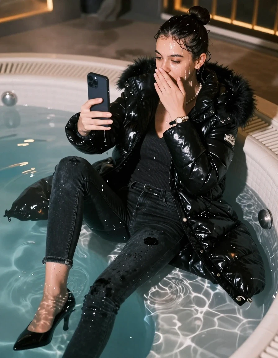 photo of young woman, in soaking wet, drenched clothes,
black heels, Dark skinny jeans, black moncler long shiny puffer down coat with fur, Open jacket, tight v-neck sweater, shoulderbag, pearl necklace, bracelet, wristwatch, Steaming indoor jacuzzi at night, warm lightning, 
enjoying, wet clothes stuck to body,
detailed textures of the wet clothes, wet face, wet plastered hair,
wet, drenched, professional, high-quality details, full body view.
sharp focus, ultra-high pixel detail, realistic, high-quality, full colors, incredibly detailed, 4k, 8k, 16k, hyper-realistic, RAW photo, masterpiece, ultra-detailed, professionally color graded, professional photograph, A realistic vertical fashion photograph of a 15-year-old teenage girl lying half submerged into the water of a steaming indoor jacuzzi, facing away to show her back. She is tilting her head at camera, letting the water drench her hair so it is glued flat against her head and body. She has a topknot, completely saturated and dripping wet hair, with water cascading down her face and neck. relaxed expression. She hold a hand over her mouth and nose and take a selfie with her smartphone. half closed eyes eyes. The lighting is bright and cinematic, highlighting the glistening water droplets on her skin and the saturated texture of her  casual clothes. Soft, moody indoor lighting with reflections on the water. High-quality fashion photography style.
her clothing is soaking wet and clinging tightly to her skin, showing heavy wet folds, darkened fabric texture, and deep water-saturated Patches, her clothes are heavy from the water, water runs from her body and her clothes in streams. A lot of water also runs out of her clothes. Her clothes are darkened by the water. 
hyper-realistic wetness, high-contrast water sheen, sharp focus, 16k resolution, professional photography, realistic water physics., wet skin, wet clothes, damp fabric, wet skin, wet clothes, damp fabric, wet skin, wet clothes, damp fabric, wet skin, wet clothes, damp fabric, wet skin, wet clothes, damp fabric, wet skin, wet clothes, damp fabric, wet skin, wet clothes, damp fabric, wet skin, wet clothes, damp fabric, wet skin, wet clothes, damp fabric, wet skin, wet clothes, damp fabric, wet skin, wet clothes, damp fabric, wet skin, wet clothes, damp fabric, wet skin, wet clothes, damp fabric, wet skin, wet clothes, damp fabric, wet skin, wet clothes, damp fabric, wet skin, wet clothes, damp fabric, wet skin, wet clothes, damp fabric, wet skin, wet clothes, damp fabric