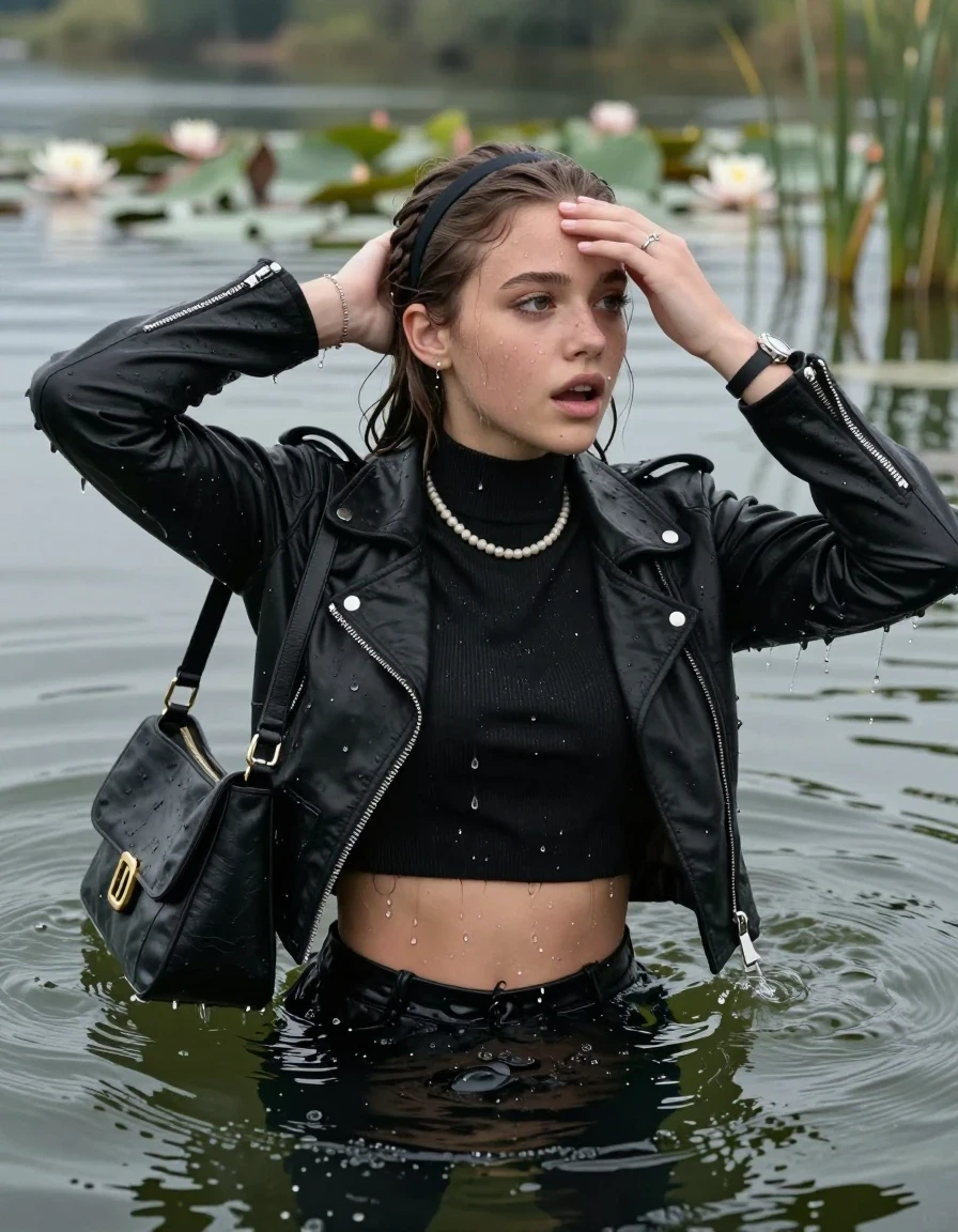 photo of young woman, in soaking wet, drenched clothes,
, , black biker leatherjacket, open jacket,  tight turtleneck sweater belly free, shoulderbag, pearl necklace, bracelet, wristwatch, Swimming and sinking deep into the water after diving in a lake with water lilies and reeds, 
enjoying, wet clothes stuck to body,
detailed textures of the wet clothes, wet face, wet plastered hair,
wet, drenched, professional, high-quality details, full body view.
sharp focus, ultra-high pixel detail, realistic, high-quality, full colors, incredibly detailed, 4k, 8k, 16k, hyper-realistic, RAW photo, masterpiece, ultra-detailed, professionally color graded, professional photograph, braided hair, hairband

15 years old  teenage girl

Looking away, Whole body and shoulders are submerged under the surface. open mouth, big eyes. Make-up.

she is completely underwater up to her neck.

one hand over her forehead.

her submerged clothes are hardly vusible under water, she soaked her handbag into the water
she is completely underwater up to her neck, astonished expression. 

her clothing is soaking wet and clinging tightly to her skin, showing heavy wet folds, darkened fabric texture, and deep water-saturated Patches, her clothes are heavy from the water, water runs from her body and her clothes in streams. A lot of water also runs out of her clothes. Her clothes are darkened by the water. Her submerged clothes are good visible under the water.  she soaked her handbag into the water.

close up view, wet skin, wet clothes, wet hair, damp fabric, water runs down the clothes, wet skin, wet clothes, damp fabric. cinematic medium shot, hyper-realistic wetness, high-contrast water sheen, sharp focus, 16k resolution, professional photography, realistic water physics., wet skin, wet clothes, damp fabric, wet skin, wet clothes, damp fabric, wet skin, wet clothes, damp fabric, wet skin, wet clothes, damp fabric, wet skin, wet clothes, damp fabric