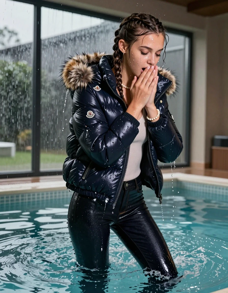photo of young woman, in soaking wet, drenched clothes,
, Dark skinny jeans, Moncler shiny puffer down jacket with fur, Open jacket, tight v-neck sweater, shoulderbag, pearl necklace, bracelet, wristwatch, Swimming movements in Steaming indoor jacuzzi , 
enjoying, wet clothes stuck to body,
detailed textures of the wet clothes, wet face, wet plastered hair,
wet, drenched, professional, high-quality details, full body view.
sharp focus, ultra-high pixel detail, realistic, high-quality, full colors, incredibly detailed, 4k, 8k, 16k, hyper-realistic, RAW photo, masterpiece, ultra-detailed, professionally color graded, professional photograph, A realistic vertical fashion photograph taken from a backward, behind-the-back angle of a 15-year-old teenage girl in a glass-walled outdoor swimming pool, facing to the camera to show her back. She is tilting her head down at camera, letting the water drench her hair so it is glued flat against her head and body. She has two long braids , completely saturated and dripping wet hair, with water cascading down her face and neck. Horny and astonished expression. Hold her hands over her mouth. open mouth, closed eyes. The lighting is bright and cinematic, highlighting the glistening water droplets on her skin and the saturated texture of her  casual clothes. Outside the large glass wall of the pool building, heavy rain is visible falling against the window. Soft, moody indoor lighting with reflections on the water. High-quality fashion photography style.
her clothing is soaking wet and clinging tightly to her skin, showing heavy wet folds, darkened fabric texture, and deep water-saturated Patches, her clothes are heavy from the water, water runs from her body and her clothes in streams. A lot of water also runs out of her clothes. Her clothes are darkened by the water. 
hyper-realistic wetness, high-contrast water sheen, sharp focus, 16k resolution, professional photography, realistic water physics., wet skin, wet clothes, damp fabric, wet skin, wet clothes, damp fabric, wet skin, wet clothes, damp fabric, wet skin, wet clothes, damp fabric, wet skin, wet clothes, damp fabric, wet skin, wet clothes, damp fabric, wet skin, wet clothes, damp fabric, wet skin, wet clothes, damp fabric, wet skin, wet clothes, damp fabric, wet skin, wet clothes, damp fabric, wet skin, wet clothes, damp fabric, wet skin, wet clothes, damp fabric, wet skin, wet clothes, damp fabric, wet skin, wet clothes, damp fabric, wet skin, wet clothes, damp fabric, wet skin, wet clothes, damp fabric, wet skin, wet clothes, damp fabric, wet skin, wet clothes, damp fabric