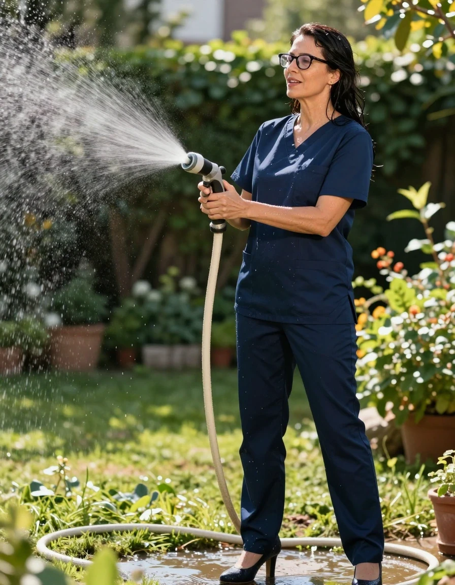 photo of young woman, in soaking wet, drenched clothes,
high-heeled shoes, dark blue scrubs, dark blue scrubs, spraying each other with the hose in the sunny garden, enjoying wet clothes stuck body, enjoying, wet clothes stuck to body, 
enjoying, wet clothes stuck to body,
detailed textures of the wet clothes, wet face, wet plastered hair,
wet, drenched, professional, high-quality details, full body view.
sharp focus, ultra-high pixel detail, realistic, high-quality, full colors, incredibly detailed, 4k, 8k, 16k, hyper-realistic, RAW photo, masterpiece, ultra-detailed, professionally color graded, professional photograph, europen brunette skinny woman 50 years old, long dark black hair, office glasses, very big and thick lips, complete body, wet skin, wet clothes, damp fabric, wet skin, wet clothes, damp fabric, wet skin, wet clothes, damp fabric, wet skin, wet clothes, damp fabric, wet skin, wet clothes, damp fabric, wet skin, wet clothes, damp fabric, wet skin, wet clothes, damp fabric