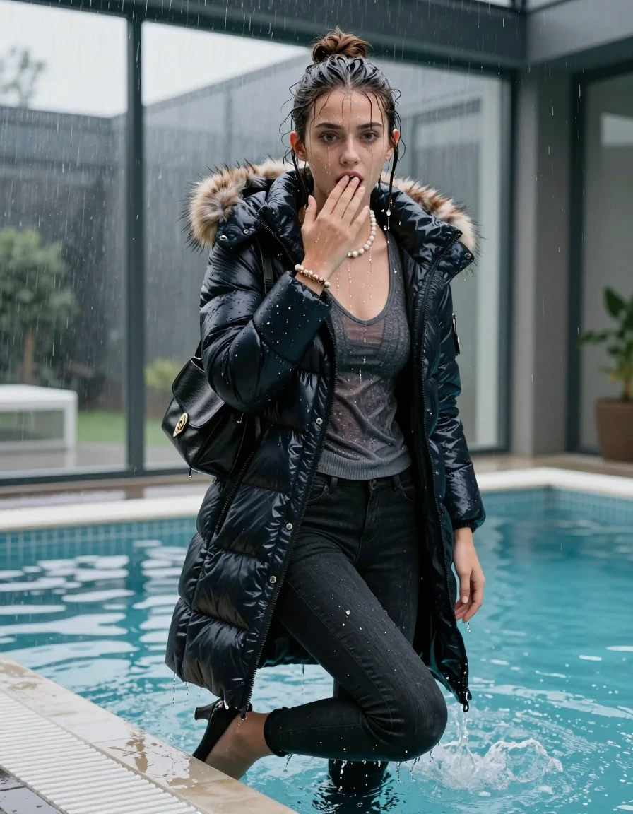 photo of young woman, in soaking wet, drenched clothes,
black heels, Dark skinny jeans, moncler long shiny puffer down coat with fur, Open jacket, tight v-neck sweater, shoulderbag, pearl necklace, bracelet, wristwatch, Steaming indoor jacuzzi , 
enjoying, wet clothes stuck to body,
detailed textures of the wet clothes, wet face, wet plastered hair,
wet, drenched, professional, high-quality details, full body view.
sharp focus, ultra-high pixel detail, realistic, high-quality, full colors, incredibly detailed, 4k, 8k, 16k, hyper-realistic, RAW photo, masterpiece, ultra-detailed, professionally color graded, professional photograph, A realistic vertical fashion photograph of a 15-year-old teenage girl slides back from the edge into the water of a glass-walled outdoor swimming pool, facing to the camera to show her back. She is tilting her head at camera, letting the water drench her hair so it is glued flat against her head and body. She has half-up hair with a topknot, completely saturated and dripping wet hair, with water cascading down her face and neck. Afraid and astonished expression. She hold a hand over her mouth. open mouth, big eyes. The lighting is bright and cinematic, highlighting the glistening water droplets on her skin and the saturated texture of her  casual clothes. Outside the large glass wall of the pool building, heavy rain is visible falling against the window. Soft, moody indoor lighting with reflections on the water. High-quality fashion photography style.
her clothing is soaking wet and clinging tightly to her skin, showing heavy wet folds, darkened fabric texture, and deep water-saturated Patches, her clothes are heavy from the water, water runs from her body and her clothes in streams. A lot of water also runs out of her clothes. Her clothes are darkened by the water. 
hyper-realistic wetness, high-contrast water sheen, sharp focus, 16k resolution, professional photography, realistic water physics., wet skin, wet clothes, damp fabric, wet skin, wet clothes, damp fabric, wet skin, wet clothes, damp fabric, wet skin, wet clothes, damp fabric, wet skin, wet clothes, damp fabric, wet skin, wet clothes, damp fabric, wet skin, wet clothes, damp fabric, wet skin, wet clothes, damp fabric, wet skin, wet clothes, damp fabric, wet skin, wet clothes, damp fabric, wet skin, wet clothes, damp fabric, wet skin, wet clothes, damp fabric, wet skin, wet clothes, damp fabric, wet skin, wet clothes, damp fabric, wet skin, wet clothes, damp fabric, wet skin, wet clothes, damp fabric, wet skin, wet clothes, damp fabric, wet skin, wet clothes, damp fabric