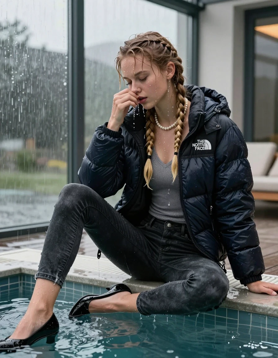 photo of young woman, in soaking wet, drenched clothes,
black heels, Dark skinny jeans,  north face puffer down jacket, Open jacket, tight v-neck sweater, shoulderbag, pearl necklace, bracelet, wristwatch, Steaming indoor jacuzzi , 
enjoying, wet clothes stuck to body,
detailed textures of the wet clothes, wet face, wet plastered hair,
wet, drenched, professional, high-quality details, full body view.
sharp focus, ultra-high pixel detail, realistic, high-quality, full colors, incredibly detailed, 4k, 8k, 16k, hyper-realistic, RAW photo, masterpiece, ultra-detailed, professionally color graded, professional photograph, A realistic vertical fashion photograph of a 15-year-old teenage girl sitting  in a glass-walled outdoor swimming pool, legs apart, cover her nose with a hand, looking down. She is tilting her head down, letting the water drench her hair so it is glued flat against her head and body. She has two blonde long braids , completely saturated and dripping wet hair, with water cascading down her face and neck. Horny and aroused expression. open mouth, closed eyes. The lighting is bright and cinematic, highlighting the glistening water droplets on her skin and the saturated texture of her  casual clothes. Outside the large glass wall of the pool building, heavy rain is visible falling against the window. Soft, moody indoor lighting with reflections on the water. High-quality fashion photography style.
her clothing is soaking wet and clinging tightly to her skin, showing heavy wet folds, darkened fabric texture, and deep water-saturated Patches, her clothes are heavy from the water, water runs from her body and her clothes in streams. A lot of water also runs out of her clothes. Her clothes are darkened by the water. 
hyper-realistic wetness, high-contrast water sheen, sharp focus, 16k resolution, professional photography, realistic water physics., wet skin, wet clothes, damp fabric, wet skin, wet clothes, damp fabric, wet skin, wet clothes, damp fabric, wet skin, wet clothes, damp fabric, wet skin, wet clothes, damp fabric, wet skin, wet clothes, damp fabric, wet skin, wet clothes, damp fabric, wet skin, wet clothes, damp fabric, wet skin, wet clothes, damp fabric, wet skin, wet clothes, damp fabric, wet skin, wet clothes, damp fabric, wet skin, wet clothes, damp fabric, wet skin, wet clothes, damp fabric, wet skin, wet clothes, damp fabric, wet skin, wet clothes, damp fabric, wet skin, wet clothes, damp fabric