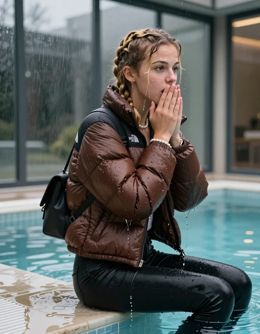 photo of young woman, in soaking wet, drenched clothes,
, Dark skinny jeans, brown north face puffer down jacket, Open jacket, tight v-neck sweater, shoulderbag, pearl necklace, bracelet, wristwatch, Steaming indoor jacuzzi , 
enjoying, wet clothes stuck to body,
detailed textures of the wet clothes, wet face, wet plastered hair,
wet, drenched, professional, high-quality details, full body view.
sharp focus, ultra-high pixel detail, realistic, high-quality, full colors, incredibly detailed, 4k, 8k, 16k, hyper-realistic, RAW photo, masterpiece, ultra-detailed, professionally color graded, professional photograph, A realistic vertical fashion photograph taken from a backward, behind-the-back angle of a 15-year-old teenage girl sitting  in a glass-walled outdoor swimming pool, facing to the camera to show her back. She is tilting her head at camera, letting the water drench her hair so it is glued flat against her head and body. She has two blonde long braids , completely saturated and dripping wet hair, with water cascading down her face and neck. Afraid and astonished expression. cover her mouth with her hands. open mouth, big eyes. The lighting is bright and cinematic, highlighting the glistening water droplets on her skin and the saturated texture of her  casual clothes. Outside the large glass wall of the pool building, heavy rain is visible falling against the window. Soft, moody indoor lighting with reflections on the water. High-quality fashion photography style.
her clothing is soaking wet and clinging tightly to her skin, showing heavy wet folds, darkened fabric texture, and deep water-saturated Patches, her clothes are heavy from the water, water runs from her body and her clothes in streams. A lot of water also runs out of her clothes. Her clothes are darkened by the water. 
hyper-realistic wetness, high-contrast water sheen, sharp focus, 16k resolution, professional photography, realistic water physics., wet skin, wet clothes, damp fabric, wet skin, wet clothes, damp fabric, wet skin, wet clothes, damp fabric, wet skin, wet clothes, damp fabric, wet skin, wet clothes, damp fabric, wet skin, wet clothes, damp fabric, wet skin, wet clothes, damp fabric, wet skin, wet clothes, damp fabric, wet skin, wet clothes, damp fabric, wet skin, wet clothes, damp fabric, wet skin, wet clothes, damp fabric, wet skin, wet clothes, damp fabric, wet skin, wet clothes, damp fabric, wet skin, wet clothes, damp fabric, wet skin, wet clothes, damp fabric, wet skin, wet clothes, damp fabric, wet skin, wet clothes, damp fabric, wet skin, wet clothes, damp fabric