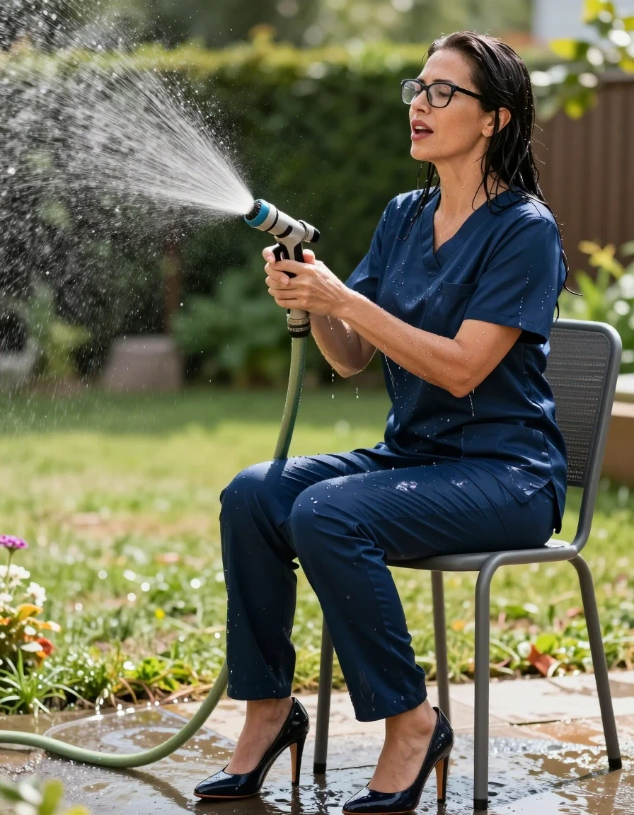 photo of young woman, in soaking wet, drenched clothes,
high-heeled shoes, shiny dark blue scrubs dress, shiny dark blue scrubs dress, spraying each other with the hose in the sunny garden, enjoying wet clothes stuck body, enjoying, wet clothes stuck to body, 
enjoying, wet clothes stuck to body,
detailed textures of the wet clothes, wet face, wet plastered hair,
wet, drenched, professional, high-quality details, full body view.
sharp focus, ultra-high pixel detail, realistic, high-quality, full colors, incredibly detailed, 4k, 8k, 16k, hyper-realistic, RAW photo, masterpiece, ultra-detailed, professionally color graded, professional photograph, on the chair, europen brunette skinny woman 50 years old, long dark black hair, office glasses, very big and thick lips, complete body, wet skin, wet clothes, damp fabric, wet skin, wet clothes, damp fabric, wet skin, wet clothes, damp fabric, wet skin, wet clothes, damp fabric, wet skin, wet clothes, damp fabric, wet skin, wet clothes, damp fabric, wet skin, wet clothes, damp fabric