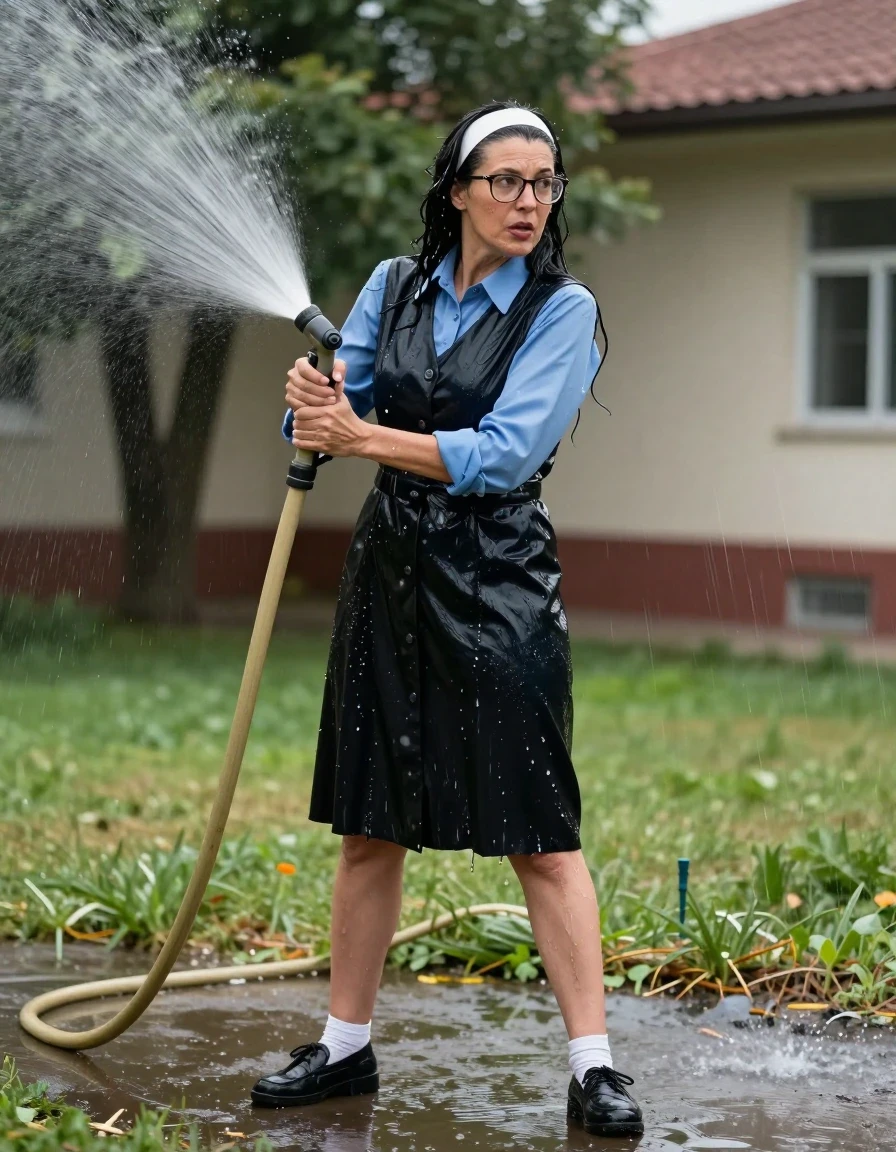 photo of young woman, in soaking wet, drenched clothes,
black shoes, white socks, long School black pinafore to wear over a blue long-sleeved shirt, long School black pinafore to wear over a blue long-sleeved shirt, spraying each other with the hose in the schoolyard, enjoying wet clothes stuck body, enjoying, wet clothes stuck to body, 
enjoying, wet clothes stuck to body,
detailed textures of the wet clothes, wet face, wet plastered hair,
wet, drenched, professional, high-quality details, full body view.
sharp focus, ultra-high pixel detail, realistic, high-quality, full colors, incredibly detailed, 4k, 8k, 16k, hyper-realistic, RAW photo, masterpiece, ultra-detailed, professionally color graded, professional photograph, europen brunette skinny woman 50 years old, long dark black hair,white headband, office glasses, very big and thick lips, complete body, wet skin, wet clothes, damp fabric, wet skin, wet clothes, damp fabric, wet skin, wet clothes, damp fabric, wet skin, wet clothes, damp fabric, wet skin, wet clothes, damp fabric, wet skin, wet clothes, damp fabric, wet skin, wet clothes, damp fabric