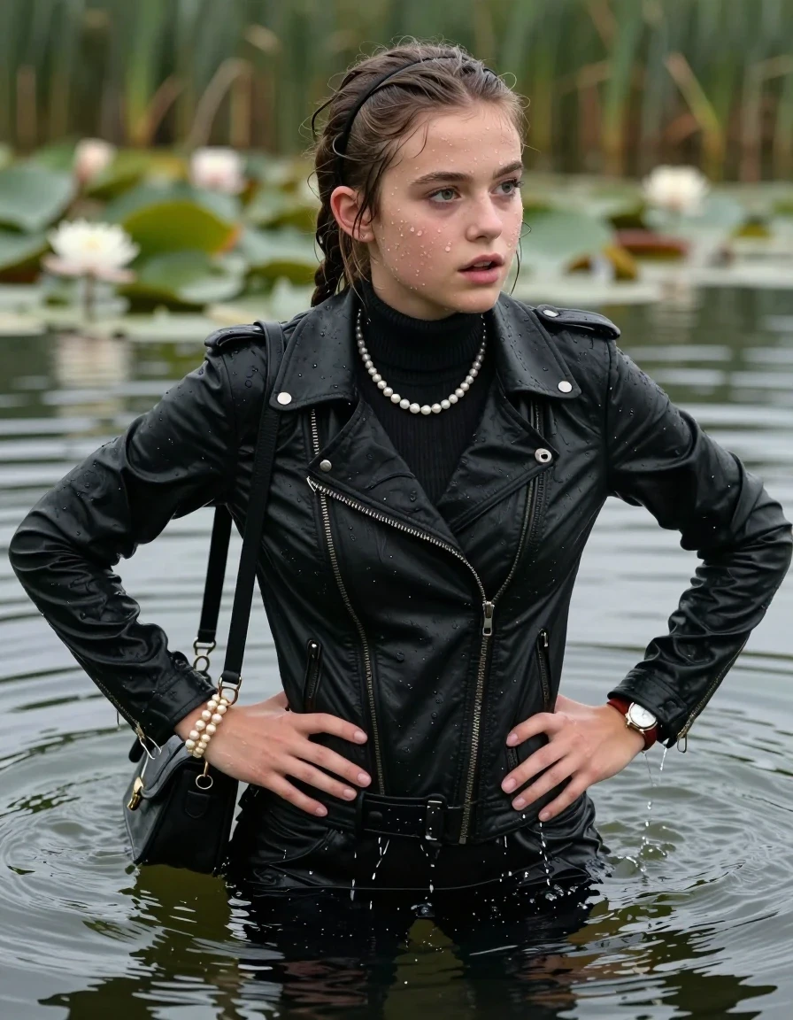 photo of young woman, in soaking wet, drenched clothes,
, , black biker leatherjacket,  closed jacket, tight knit turtleneck sweater belly free, shoulderbag, pearl necklace, bracelet, wristwatch, Swimming and sinking deep into the water after diving in a lake with water lilies and reeds, 
enjoying, wet clothes stuck to body,
detailed textures of the wet clothes, wet face, wet plastered hair,
wet, drenched, professional, high-quality details, full body view.
sharp focus, ultra-high pixel detail, realistic, high-quality, full colors, incredibly detailed, 4k, 8k, 16k, hyper-realistic, RAW photo, masterpiece, ultra-detailed, professionally color graded, professional photograph, braided hair, hairband

15 years old  teenage girl

Looking away, Whole body and shoulders are submerged under the surface. open mouth, big eyes. Make-up.

she is completely underwater up to her neck.

hands on her hips.

her submerged clothes are hardly vusible under water, she soaked her handbag into the water
she is completely underwater up to her neck, astonished expression. 

her clothing is soaking wet and clinging tightly to her skin, showing heavy wet folds, darkened fabric texture, and deep water-saturated Patches, her clothes are heavy from the water, water runs from her body and her clothes in streams. A lot of water also runs out of her clothes. Her clothes are darkened by the water. Her submerged clothes are good visible under the water.  she soaked her handbag into the water.

close up view, wet skin, wet clothes, wet hair, damp fabric, water runs down the clothes, wet skin, wet clothes, damp fabric. cinematic medium shot, hyper-realistic wetness, high-contrast water sheen, sharp focus, 16k resolution, professional photography, realistic water physics., wet skin, wet clothes, damp fabric, wet skin, wet clothes, damp fabric, wet skin, wet clothes, damp fabric, wet skin, wet clothes, damp fabric, wet skin, wet clothes, damp fabric