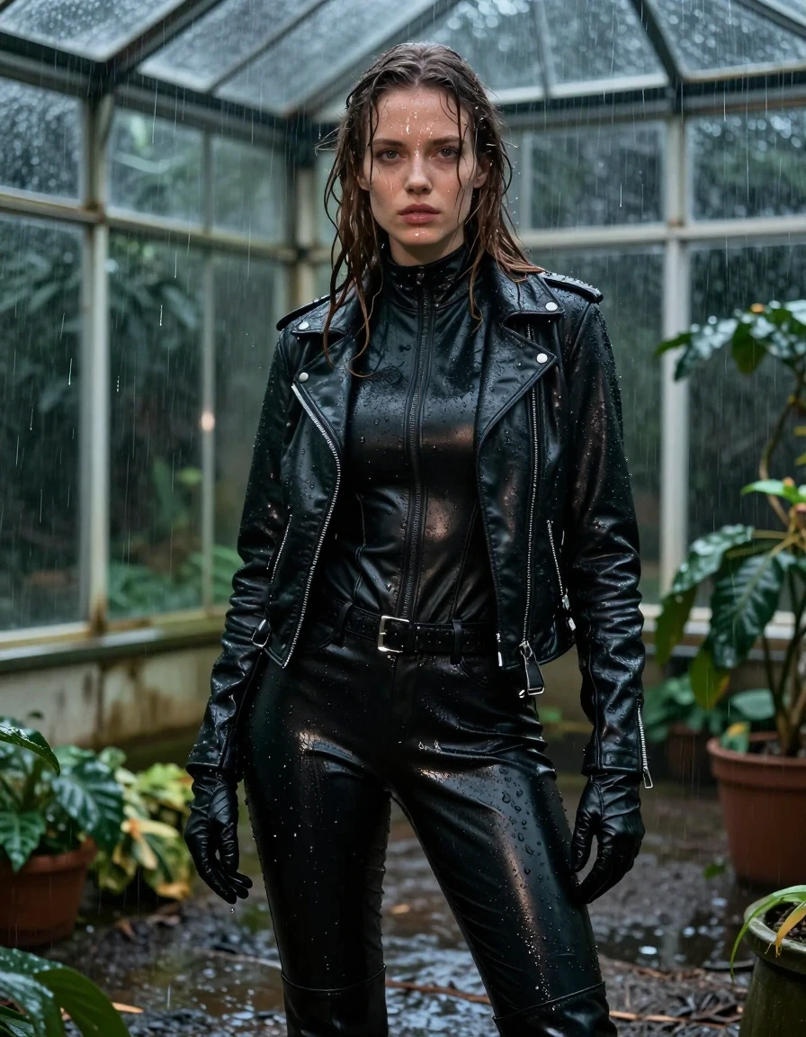 A photorealistic medium shot of a young adult European woman with long, dripping wet brown hair, standing in a lush greenhouse at night during a heavy rainstorm. Her skin is glistening with water droplets and a visible sheen. She is wearing a black leather polar neck catsuit that is drenched, with the fabric appearing darkened, heavy, and clinging to her form with clear moisture-induced texture. Over this, she wears a black biker leather jacket and black leather pants, both heavily soaked, with water running down the glossy, reflective surfaces of the leather. She wears black leather knee-high boots and matching leather gloves on both hands. The damp fabric of her clothing shows realistic folds, weight, and deep saturation from the intense rain. The greenhouse glass is streaked with rain, and the environment is dark and moody, illuminated by soft ambient lighting that highlights the water sheen on her skin and the dripping textures of her outfit. Extremely detailed, high-contrast, cinematic lighting, realistic wet-look textures, fully clothed.