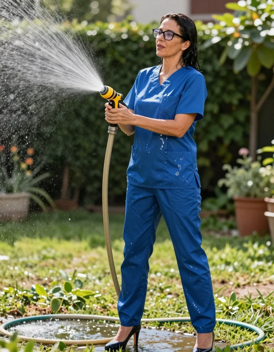 photo of young woman, in soaking wet, drenched clothes,
high-heeled shoes, blue shiny scrubs, blue shiny scrubs, spraying each other with the hose in the sunny garden, enjoying wet clothes stuck body, enjoying, wet clothes stuck to body, 
enjoying, wet clothes stuck to body,
detailed textures of the wet clothes, wet face, wet plastered hair,
wet, drenched, professional, high-quality details, full body view.
sharp focus, ultra-high pixel detail, realistic, high-quality, full colors, incredibly detailed, 4k, 8k, 16k, hyper-realistic, RAW photo, masterpiece, ultra-detailed, professionally color graded, professional photograph, europen brunette skinny woman 50 years old, long dark black hair, office glasses, very big and thick lips, complete body, wet skin, wet clothes, damp fabric, wet skin, wet clothes, damp fabric, wet skin, wet clothes, damp fabric, wet skin, wet clothes, damp fabric, wet skin, wet clothes, damp fabric, wet skin, wet clothes, damp fabric, wet skin, wet clothes, damp fabric