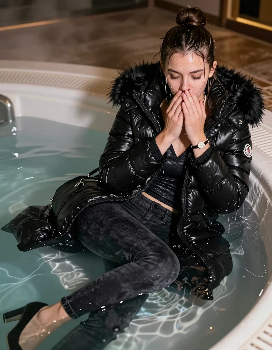 photo of young woman, in soaking wet, drenched clothes,
black heels, Dark skinny jeans, black moncler long shiny puffer down coat with fur, Open jacket, tight v-neck sweater, shoulderbag, pearl necklace, bracelet, wristwatch, Steaming indoor jacuzzi at night, warm lightning, 
enjoying, wet clothes stuck to body,
detailed textures of the wet clothes, wet face, wet plastered hair,
wet, drenched, professional, high-quality details, full body view.
sharp focus, ultra-high pixel detail, realistic, high-quality, full colors, incredibly detailed, 4k, 8k, 16k, hyper-realistic, RAW photo, masterpiece, ultra-detailed, professionally color graded, professional photograph, A realistic vertical fashion photograph of a 15-year-old teenage girl lying half submerged into the water of a steaming indoor jacuzzi, facing down to show her back. She is tilting her head at camera, letting the water drench her hair so it is glued flat against her head and body. She has a topknot, completely saturated and dripping wet hair, with water cascading down her face and neck. Afraid and astonished expression. She hold her hands over her mouth and nose. half closed eyes eyes. The lighting is bright and cinematic, highlighting the glistening water droplets on her skin and the saturated texture of her  casual clothes. Soft, moody indoor lighting with reflections on the water. High-quality fashion photography style.
her clothing is soaking wet and clinging tightly to her skin, showing heavy wet folds, darkened fabric texture, and deep water-saturated Patches, her clothes are heavy from the water, water runs from her body and her clothes in streams. A lot of water also runs out of her clothes. Her clothes are darkened by the water. 
hyper-realistic wetness, high-contrast water sheen, sharp focus, 16k resolution, professional photography, realistic water physics., wet skin, wet clothes, damp fabric, wet skin, wet clothes, damp fabric, wet skin, wet clothes, damp fabric, wet skin, wet clothes, damp fabric, wet skin, wet clothes, damp fabric, wet skin, wet clothes, damp fabric, wet skin, wet clothes, damp fabric, wet skin, wet clothes, damp fabric, wet skin, wet clothes, damp fabric, wet skin, wet clothes, damp fabric, wet skin, wet clothes, damp fabric, wet skin, wet clothes, damp fabric, wet skin, wet clothes, damp fabric, wet skin, wet clothes, damp fabric, wet skin, wet clothes, damp fabric, wet skin, wet clothes, damp fabric, wet skin, wet clothes, damp fabric, wet skin, wet clothes, damp fabric