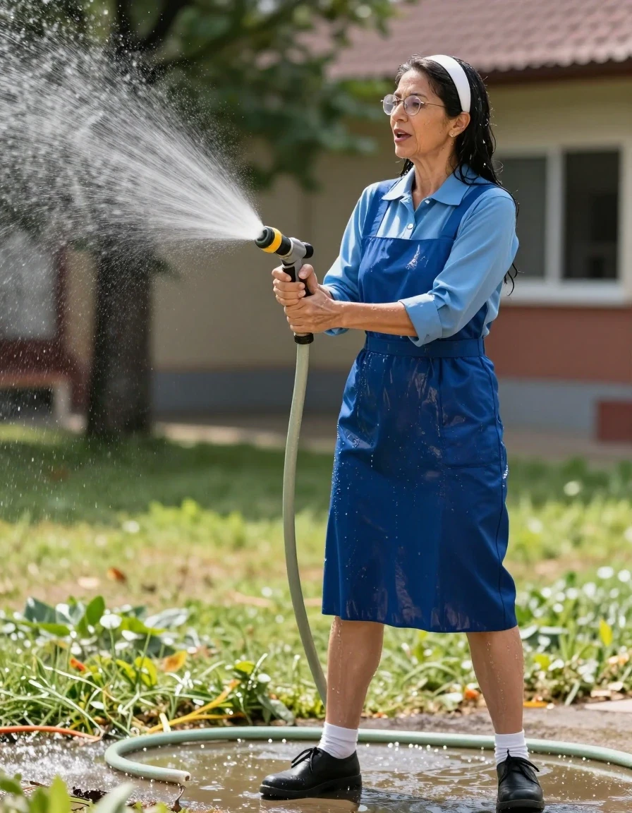 photo of young woman, in soaking wet, drenched clothes,
black shoes, white socks, long School blue pinafore to wear over a blue long-sleeved shirt, long School blue pinafore to wear over a blue long-sleeved shirt, spraying each other with the hose in the sunny schoolyard, enjoying wet clothes stuck body, enjoying, wet clothes stuck to body, 
enjoying, wet clothes stuck to body,
detailed textures of the wet clothes, wet face, wet plastered hair,
wet, drenched, professional, high-quality details, full body view.
sharp focus, ultra-high pixel detail, realistic, high-quality, full colors, incredibly detailed, 4k, 8k, 16k, hyper-realistic, RAW photo, masterpiece, ultra-detailed, professionally color graded, professional photograph, europen brunette skinny woman 50 years old, long dark black hair,white headband, office glasses, very big and thick lips, complete body, wet skin, wet clothes, damp fabric, wet skin, wet clothes, damp fabric, wet skin, wet clothes, damp fabric, wet skin, wet clothes, damp fabric, wet skin, wet clothes, damp fabric, wet skin, wet clothes, damp fabric, wet skin, wet clothes, damp fabric