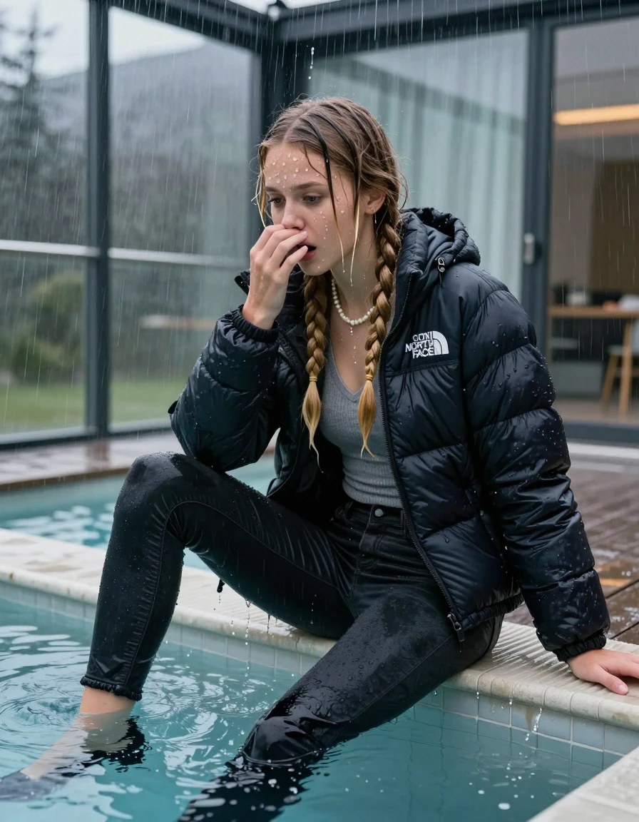 photo of young woman, in soaking wet, drenched clothes,
black heels, Dark skinny jeans,  north face puffer down jacket, Open jacket, tight v-neck sweater, shoulderbag, pearl necklace, bracelet, wristwatch, Steaming outdoor jacuzzi , 
enjoying, wet clothes stuck to body,
detailed textures of the wet clothes, wet face, wet plastered hair,
wet, drenched, professional, high-quality details, full body view.
sharp focus, ultra-high pixel detail, realistic, high-quality, full colors, incredibly detailed, 4k, 8k, 16k, hyper-realistic, RAW photo, masterpiece, ultra-detailed, professionally color graded, professional photograph, A realistic vertical fashion photograph of a 15-year-old teenage girl sitting  in a glass-walled outdoor swimming pool while it pours water on her during a heavy storm , legs apart, cover her nose with a hand, looking down. She is tilting her head down, letting the water drench her hair so it is glued flat against her head and body. She has two blonde long braids , completely saturated and dripping wet hair, with water cascading down her face and neck. afraid and astonished expression. open mouth, big eyes. The lighting is bright and cinematic, highlighting the glistening water droplets on her skin and the saturated texture of her  casual clothes. Outside the large glass wall of the pool building, heavy rain is visible falling against the window. Soft, moody indoor lighting with reflections on the water. High-quality fashion photography style.
her clothing is soaking wet and clinging tightly to her skin, showing heavy wet folds, darkened fabric texture, and deep water-saturated Patches, her clothes are heavy from the water, water runs from her body and her clothes in streams. A lot of water also runs out of her clothes. Her clothes are darkened by the water. 
hyper-realistic wetness, high-contrast water sheen, sharp focus, 16k resolution, professional photography, realistic water physics., wet skin, wet clothes, damp fabric, wet skin, wet clothes, damp fabric, wet skin, wet clothes, damp fabric, wet skin, wet clothes, damp fabric, wet skin, wet clothes, damp fabric, wet skin, wet clothes, damp fabric, wet skin, wet clothes, damp fabric, wet skin, wet clothes, damp fabric, wet skin, wet clothes, damp fabric, wet skin, wet clothes, damp fabric, wet skin, wet clothes, damp fabric, wet skin, wet clothes, damp fabric, wet skin, wet clothes, damp fabric, wet skin, wet clothes, damp fabric, wet skin, wet clothes, damp fabric, wet skin, wet clothes, damp fabric