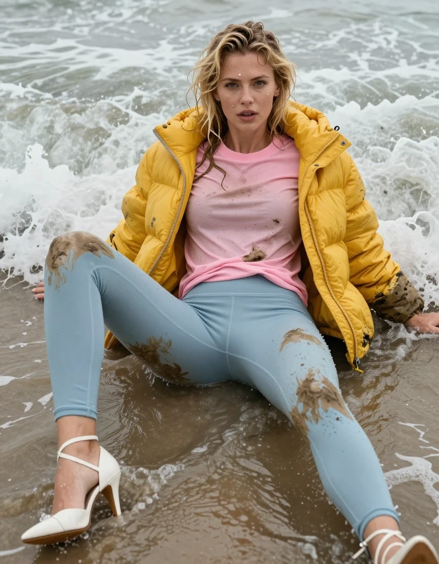 photo of young woman, in soaking wet, drenched clothes,
 white strappy stilettos , Dirty pale blue leggings , Very muddy yellow puffer jacket , dirty pink t-shirt , Lying in surf, legs apart, wet, 
enjoying, wet clothes stuck to body,
detailed textures of the wet clothes, wet face, wet plastered hair,
wet, drenched, professional, high-quality details, full body view.
sharp focus, ultra-high pixel detail, realistic, high-quality, full colors, incredibly detailed, 4k, 8k, 16k, hyper-realistic, RAW photo, masterpiece, ultra-detailed, professionally color graded, professional photograph, Blonde, soaking wet, wet skin, wet clothes, damp fabric