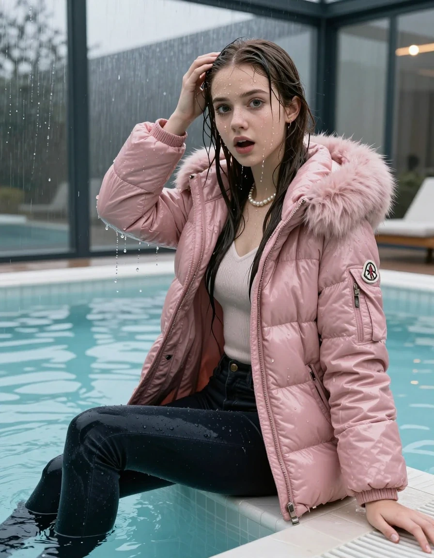 photo of young woman, in soaking wet, drenched clothes,
, Dark skinny jeans, pink moncler long shiny puffer down coat with fur, Open jacket, tight v-neck sweater, shoulderbag, pearl necklace, bracelet, wristwatch, Steaming indoor jacuzzi , 
enjoying, wet clothes stuck to body,
detailed textures of the wet clothes, wet face, wet plastered hair,
wet, drenched, professional, high-quality details, full body view.
sharp focus, ultra-high pixel detail, realistic, high-quality, full colors, incredibly detailed, 4k, 8k, 16k, hyper-realistic, RAW photo, masterpiece, ultra-detailed, professionally color graded, professional photograph, A realistic vertical fashion photograph taken from a backward, behind-the-back angle of a 15-year-old teenage girl sitting  in a glass-walled outdoor swimming pool, facing to the camera to show her back. She is tilting her head at camera, letting the water drench her hair so it is glued flat against her head and body. She has brunette sleek long straight hair with middle parting, completely saturated and dripping wet hair, with water cascading down her face and neck. Afraid and astonished expression. She hold a hand in front of her head. open mouth, big eyes. The lighting is bright and cinematic, highlighting the glistening water droplets on her skin and the saturated texture of her  casual clothes. Outside the large glass wall of the pool building, heavy rain is visible falling against the window. Soft, moody indoor lighting with reflections on the water. High-quality fashion photography style.
her clothing is soaking wet and clinging tightly to her skin, showing heavy wet folds, darkened fabric texture, and deep water-saturated Patches, her clothes are heavy from the water, water runs from her body and her clothes in streams. A lot of water also runs out of her clothes. Her clothes are darkened by the water. 
hyper-realistic wetness, high-contrast water sheen, sharp focus, 16k resolution, professional photography, realistic water physics., wet skin, wet clothes, damp fabric, wet skin, wet clothes, damp fabric, wet skin, wet clothes, damp fabric, wet skin, wet clothes, damp fabric, wet skin, wet clothes, damp fabric, wet skin, wet clothes, damp fabric, wet skin, wet clothes, damp fabric, wet skin, wet clothes, damp fabric, wet skin, wet clothes, damp fabric, wet skin, wet clothes, damp fabric, wet skin, wet clothes, damp fabric, wet skin, wet clothes, damp fabric, wet skin, wet clothes, damp fabric, wet skin, wet clothes, damp fabric, wet skin, wet clothes, damp fabric, wet skin, wet clothes, damp fabric, wet skin, wet clothes, damp fabric, wet skin, wet clothes, damp fabric