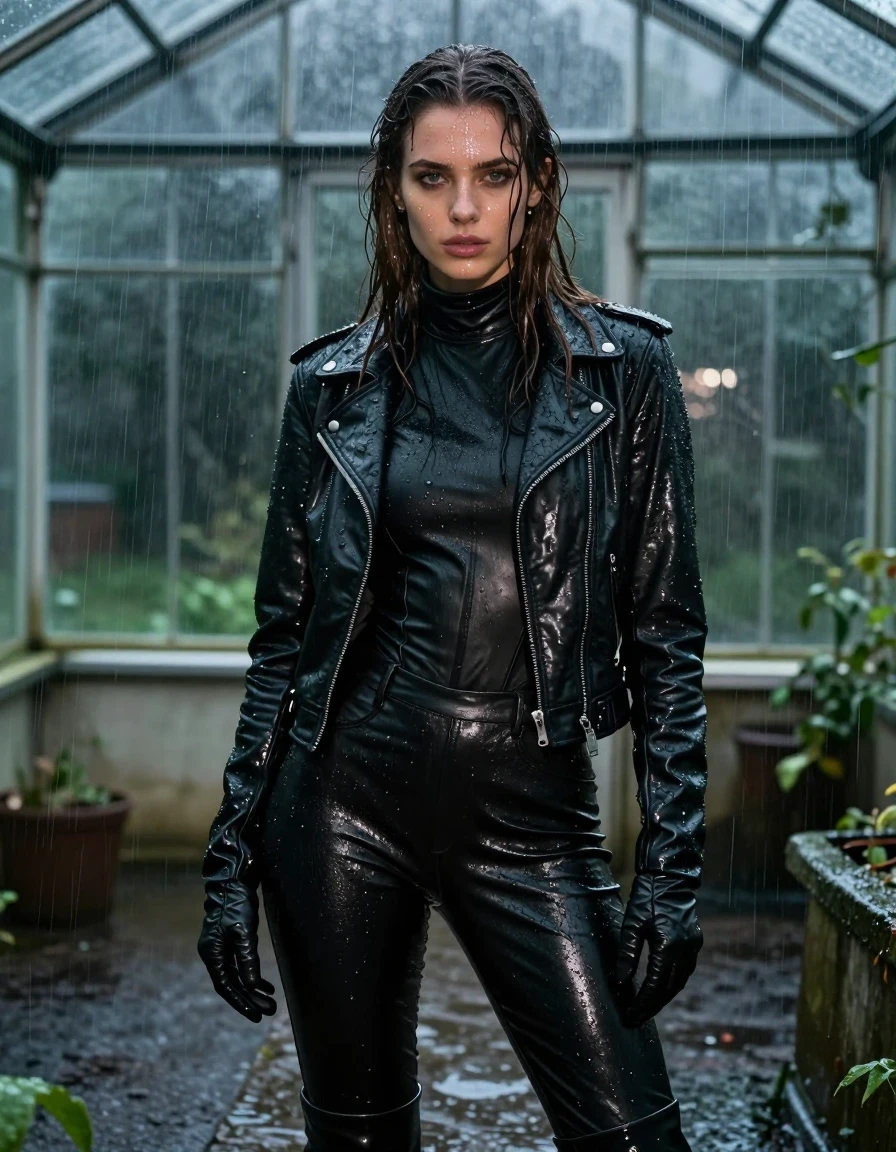 A photorealistic portrait of a young adult European woman with long, dripping wet brown hair, standing in a greenhouse at night during a heavy rainstorm. Her skin is glistening with water, and she is wearing a black leather polar neck catsuit that is soaked and clinging to her body, layered with a black bikers leather jacket and matching black leather gloves. She wears black leather knee-high boots and black leather pants, all appearing heavy, dark, and saturated with rainwater, showcasing a slick, high-gloss sheen and deep, reflective folds. The atmosphere is damp and dark, with rain pouring against the greenhouse glass. The composition focuses on the realistic texture of the drenched leather and wet skin, captured with sharp focus and cinematic lighting that highlights the water droplets and damp fabric textures. The image is strictly non-nude and fully clothed.