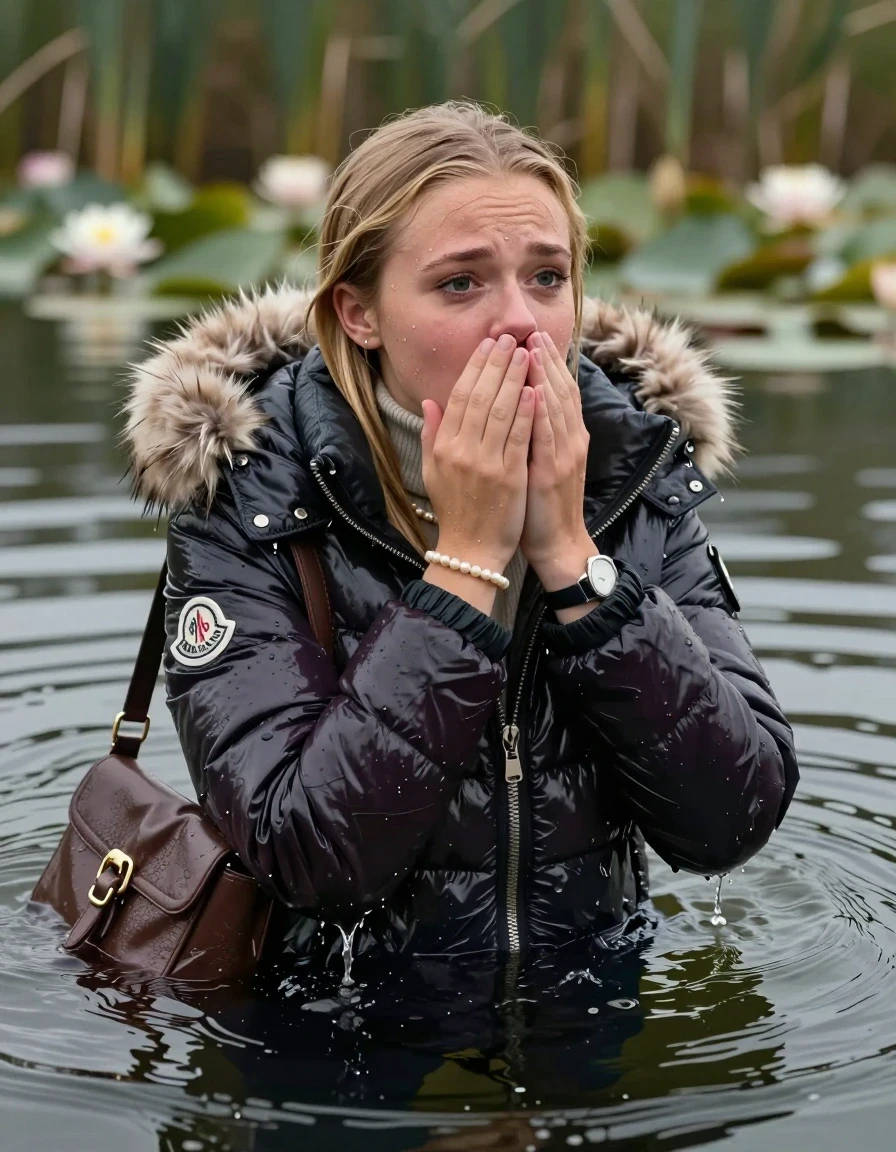 photo of young woman, in soaking wet, drenched clothes,
, , Moncler shiny puffer down jacket with fur, open jacket,  tight turtleneck sweater belly free, shoulderbag, pearl necklace, bracelet, wristwatch, Swimming and sinking deep into the water after diving in a lake with water lilies and reeds, 
enjoying, wet clothes stuck to body,
detailed textures of the wet clothes, wet face, wet plastered hair,
wet, drenched, professional, high-quality details, full body view.
sharp focus, ultra-high pixel detail, realistic, high-quality, full colors, incredibly detailed, 4k, 8k, 16k, hyper-realistic, RAW photo, masterpiece, ultra-detailed, professionally color graded, professional photograph, blonde Sleek long straight hair 

15 years old  teenage girl

Looking up at camera, Whole body and shoulders are submerged under the surface. horny eyes. Make-up.

she is completely underwater up to her neck,  crying and astonished expression. 

Leaning back. Hands over mouth and nose. 

her submerged clothes are hardly vusible under water, she soaked her handbag into the water
she is completely underwater up to her neck, afraid and astonished expression. 

her clothing is soaking wet and clinging tightly to her skin, showing heavy wet folds, darkened fabric texture, and deep water-saturated Patches, her clothes are heavy from the water, water runs from her body and her clothes in streams. A lot of water also runs out of her clothes. Her clothes are darkened by the water. Her submerged clothes are good visible under the water.  she soaked her handbag into the water.

close up view, wet skin, wet clothes, wet hair, damp fabric, water runs down the clothes, wet skin, wet clothes, damp fabric. cinematic medium shot, hyper-realistic wetness, high-contrast water sheen, sharp focus, 16k resolution, professional photography, realistic water physics., wet skin, wet clothes, damp fabric, wet skin, wet clothes, damp fabric, wet skin, wet clothes, damp fabric, wet skin, wet clothes, damp fabric, wet skin, wet clothes, damp fabric