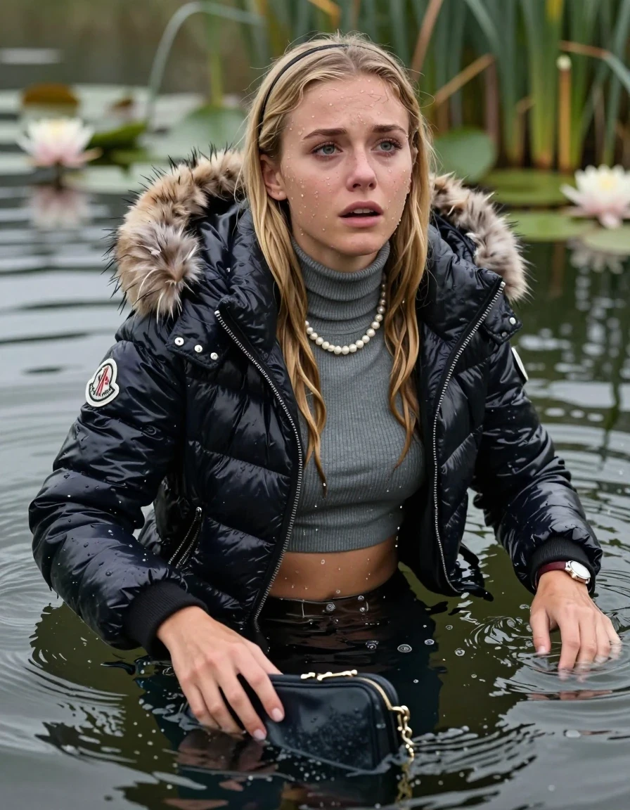 photo of young woman, in soaking wet, drenched clothes,
, , Moncler shiny puffer down jacket with fur, open jacket,  tight turtleneck sweater belly free, shoulderbag, pearl necklace, bracelet, wristwatch, Swimming and sinking deep into the water after diving in a lake with water lilies and reeds, 
enjoying, wet clothes stuck to body,
detailed textures of the wet clothes, wet face, wet plastered hair,
wet, drenched, professional, high-quality details, full body view.
sharp focus, ultra-high pixel detail, realistic, high-quality, full colors, incredibly detailed, 4k, 8k, 16k, hyper-realistic, RAW photo, masterpiece, ultra-detailed, professionally color graded, professional photograph, blonde Sleek long straight hair, hairband

15 years old  teenage girl

Looking up at camera, Whole body and shoulders are submerged under the surface. horny eyes. Make-up.

she is completely underwater up to her neck,  crying and astonished expression. 

Leaning back. Arms lying on the surface.

her submerged clothes are hardly vusible under water, she soaked her handbag into the water
she is completely underwater up to her neck, afraid and astonished expression. 

her clothing is soaking wet and clinging tightly to her skin, showing heavy wet folds, darkened fabric texture, and deep water-saturated Patches, her clothes are heavy from the water, water runs from her body and her clothes in streams. A lot of water also runs out of her clothes. Her clothes are darkened by the water. Her submerged clothes are good visible under the water.  she soaked her handbag into the water.

close up view, wet skin, wet clothes, wet hair, damp fabric, water runs down the clothes, wet skin, wet clothes, damp fabric. cinematic medium shot, hyper-realistic wetness, high-contrast water sheen, sharp focus, 16k resolution, professional photography, realistic water physics., wet skin, wet clothes, damp fabric, wet skin, wet clothes, damp fabric, wet skin, wet clothes, damp fabric, wet skin, wet clothes, damp fabric, wet skin, wet clothes, damp fabric