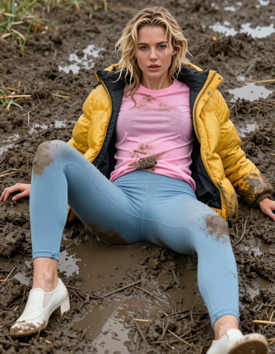 photo of young woman, in soaking wet, drenched clothes,
 white pumps, Dirty pale blue leggings , Very muddy yellow puffer jacket , dirty pink t-shirt , Lying on tummy in deep mud, legs apart, wet, 
enjoying, wet clothes stuck to body,
detailed textures of the wet clothes, wet face, wet plastered hair,
wet, drenched, professional, high-quality details, full body view.
sharp focus, ultra-high pixel detail, realistic, high-quality, full colors, incredibly detailed, 4k, 8k, 16k, hyper-realistic, RAW photo, masterpiece, ultra-detailed, professionally color graded, professional photograph, Blonde, soaking wet, wet skin, wet clothes, damp fabric
