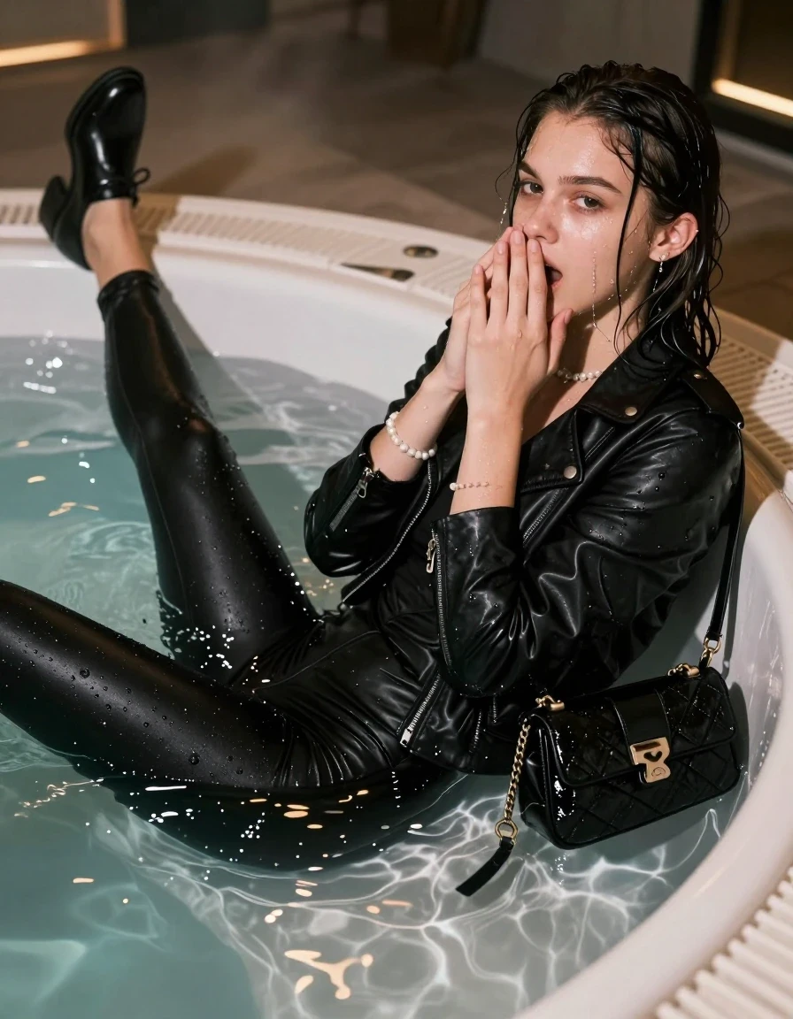 photo of young woman, in soaking wet, drenched clothes,
black heels, Tight black leatherleggings, black biker leatherjacket, tight v-neck sweater, shoulderbag, pearl necklace, bracelet, wristwatch, Steaming indoor jacuzzi at night, warm lightning, 
enjoying, wet clothes stuck to body,
detailed textures of the wet clothes, wet face, wet plastered hair,
wet, drenched, professional, high-quality details, full body view.
sharp focus, ultra-high pixel detail, realistic, high-quality, full colors, incredibly detailed, 4k, 8k, 16k, hyper-realistic, RAW photo, masterpiece, ultra-detailed, professionally color graded, professional photograph, A realistic vertical fashion photograph of a slim young teenage girl lying half submerged into the water of a steaming indoor jacuzzi, facing away to show her back. She is tilting her head at camera, letting the water drench her hair so it is glued flat against her head and body. She has a collarbone bob, completely saturated and dripping wet hair, with water cascading down her face and neck. shy and embarrassed expression. She hold her hands over her mouth and nose. open mouth, half closed eyes eyes. she soaked her handbag in the water. The lighting is bright and cinematic, highlighting the glistening water droplets on her skin and the saturated texture of her  casual clothes. Soft, moody indoor lighting with reflections on the water. High-quality fashion photography style.
her clothing is soaking wet and clinging tightly to her skin, showing heavy wet folds, darkened fabric texture, and deep water-saturated Patches, her clothes are heavy from the water, water runs from her body and her clothes in streams. A lot of water also runs out of her clothes. Her clothes are darkened by the water. 
hyper-realistic wetness, high-contrast water sheen, sharp focus, 16k resolution, professional photography, realistic water physics., wet skin, wet clothes, damp fabric, wet skin, wet clothes, damp fabric, wet skin, wet clothes, damp fabric, wet skin, wet clothes, damp fabric, wet skin, wet clothes, damp fabric, wet skin, wet clothes, damp fabric, wet skin, wet clothes, damp fabric, wet skin, wet clothes, damp fabric, wet skin, wet clothes, damp fabric, wet skin, wet clothes, damp fabric, wet skin, wet clothes, damp fabric, wet skin, wet clothes, damp fabric, wet skin, wet clothes, damp fabric, wet skin, wet clothes, damp fabric, wet skin, wet clothes, damp fabric, wet skin, wet clothes, damp fabric, wet skin, wet clothes, damp fabric, wet skin, wet clothes, damp fabric