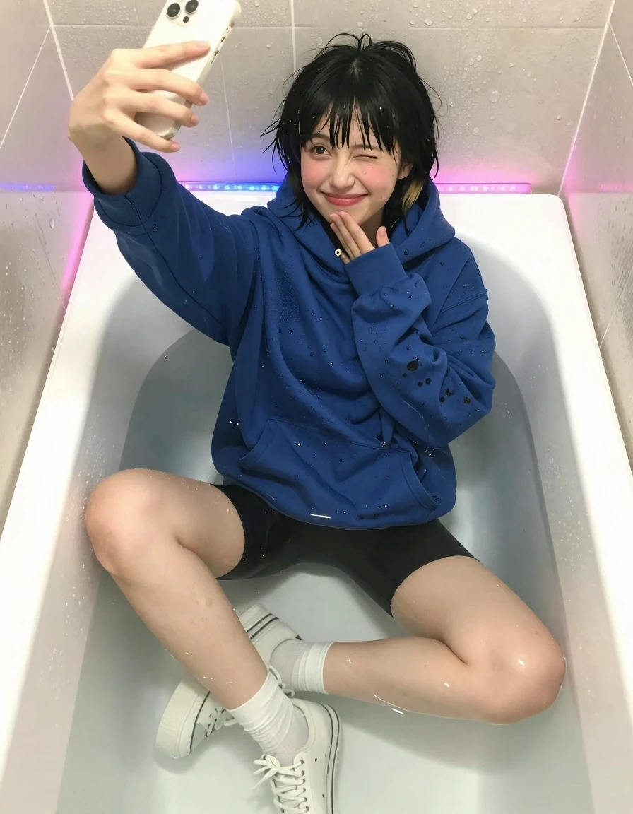 A 24-year-old petite 5'2" Japanese-American woman with light warm-toned skin, black hair in a choppy shag with a bleached money-piece and full bangs, dark brown eyes, and a small mole under her left eye, sitting in a small filled bathtub. She is wearing a blue oversized graphic hoodie, black bike shorts, and white socks, with chunky platform sneakers also submerged in the soapy water. The water reaches her ribs, causing the fabric of her hoodie and shorts to become soaking-wet, heavy with moisture, clinging to her frame, with darker soaked patches and wet textures visible. Her hair is damp and slightly piecey from the humidity. She is holding a phone up high for a selfie, chin tucked, cheeks pink, with a wide awkward delighted grin and one eye squinted. The setting is a compact apartment bathroom with condensation on the tiles, illuminated by vibrant pink and blue LED strip lights. Shot from above at arm's length, close framing, with slight phone-camera grain, playful and cozy mood.