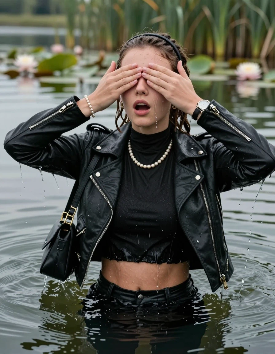 photo of young woman, in soaking wet, drenched clothes,
, , black biker leatherjacket, open jacket,  tight turtleneck sweater belly free, shoulderbag, pearl necklace, bracelet, wristwatch, Swimming and sinking deep into the water after diving in a lake with water lilies and reeds, 
enjoying, wet clothes stuck to body,
detailed textures of the wet clothes, wet face, wet plastered hair,
wet, drenched, professional, high-quality details, full body view.
sharp focus, ultra-high pixel detail, realistic, high-quality, full colors, incredibly detailed, 4k, 8k, 16k, hyper-realistic, RAW photo, masterpiece, ultra-detailed, professionally color graded, professional photograph, braided hair, hairband

15 years old  teenage girl

Looking away, Whole body and shoulders are submerged under the surface. open mouth, big eyes. Make-up.

she is completely underwater up to her neck.

one hand over her eyes.

her submerged clothes are hardly vusible under water, she soaked her handbag into the water
she is completely underwater up to her neck, astonished expression. 

her clothing is soaking wet and clinging tightly to her skin, showing heavy wet folds, darkened fabric texture, and deep water-saturated Patches, her clothes are heavy from the water, water runs from her body and her clothes in streams. A lot of water also runs out of her clothes. Her clothes are darkened by the water. Her submerged clothes are good visible under the water.  she soaked her handbag into the water.

close up view, wet skin, wet clothes, wet hair, damp fabric, water runs down the clothes, wet skin, wet clothes, damp fabric. cinematic medium shot, hyper-realistic wetness, high-contrast water sheen, sharp focus, 16k resolution, professional photography, realistic water physics., wet skin, wet clothes, damp fabric, wet skin, wet clothes, damp fabric, wet skin, wet clothes, damp fabric, wet skin, wet clothes, damp fabric, wet skin, wet clothes, damp fabric