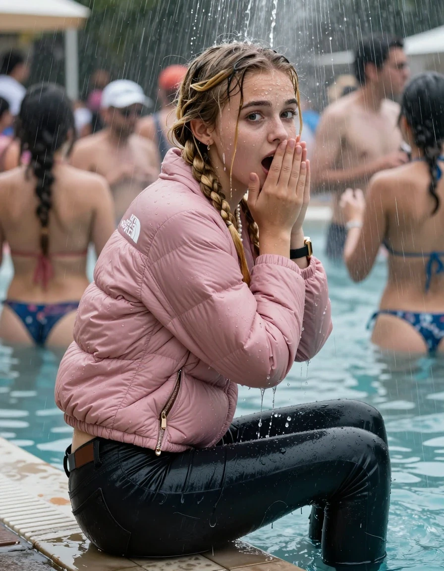 photo of young woman, in soaking wet, drenched clothes,
, Dark skinny jeans, Pink north face puffer down jacket, Open jacket, tight v-neck sweater, shoulderbag, pearl necklace, bracelet, wristwatch, Steaming outdoor jacuzzi at crowded pool party with a lot of people in soaked clothes, 
enjoying, wet clothes stuck to body,
detailed textures of the wet clothes, wet face, wet plastered hair,
wet, drenched, professional, high-quality details, full body view.
sharp focus, ultra-high pixel detail, realistic, high-quality, full colors, incredibly detailed, 4k, 8k, 16k, hyper-realistic, RAW photo, masterpiece, ultra-detailed, professionally color graded, professional photograph, A realistic vertical fashion photograph taken from a backward, behind-the-back angle of a young cute teenage girl sitting on the edge of the pool while it pours water on her during a heavy storm, facing to the camera to show her back. She is tilting her head at camera, letting the water drench her hair so it is glued flat against her head and body. She has two blonde long braids , completely saturated and dripping wet hair, with water cascading down her face and neck. Afraid and astonished expression. cover her mouth with her hands. open mouth, big eyes. The lighting is bright and cinematic, highlighting the glistening water droplets on her skin and the saturated texture of her  casual clothes. Soft, moody indoor lighting with reflections on the water. High-quality fashion photography style.
her clothing is soaking wet and clinging tightly to her skin, showing heavy wet folds, darkened fabric texture, and deep water-saturated Patches, her clothes are heavy from the water, water runs from her body and her clothes in streams. A lot of water also runs out of her clothes. Her clothes are darkened by the water. 
hyper-realistic wetness, high-contrast water sheen, sharp focus, 16k resolution, professional photography, realistic water physics., wet skin, wet clothes, damp fabric, wet skin, wet clothes, damp fabric, wet skin, wet clothes, damp fabric, wet skin, wet clothes, damp fabric, wet skin, wet clothes, damp fabric, wet skin, wet clothes, damp fabric, wet skin, wet clothes, damp fabric, wet skin, wet clothes, damp fabric, wet skin, wet clothes, damp fabric, wet skin, wet clothes, damp fabric, wet skin, wet clothes, damp fabric, wet skin, wet clothes, damp fabric, wet skin, wet clothes, damp fabric, wet skin, wet clothes, damp fabric, wet skin, wet clothes, damp fabric, wet skin, wet clothes, damp fabric