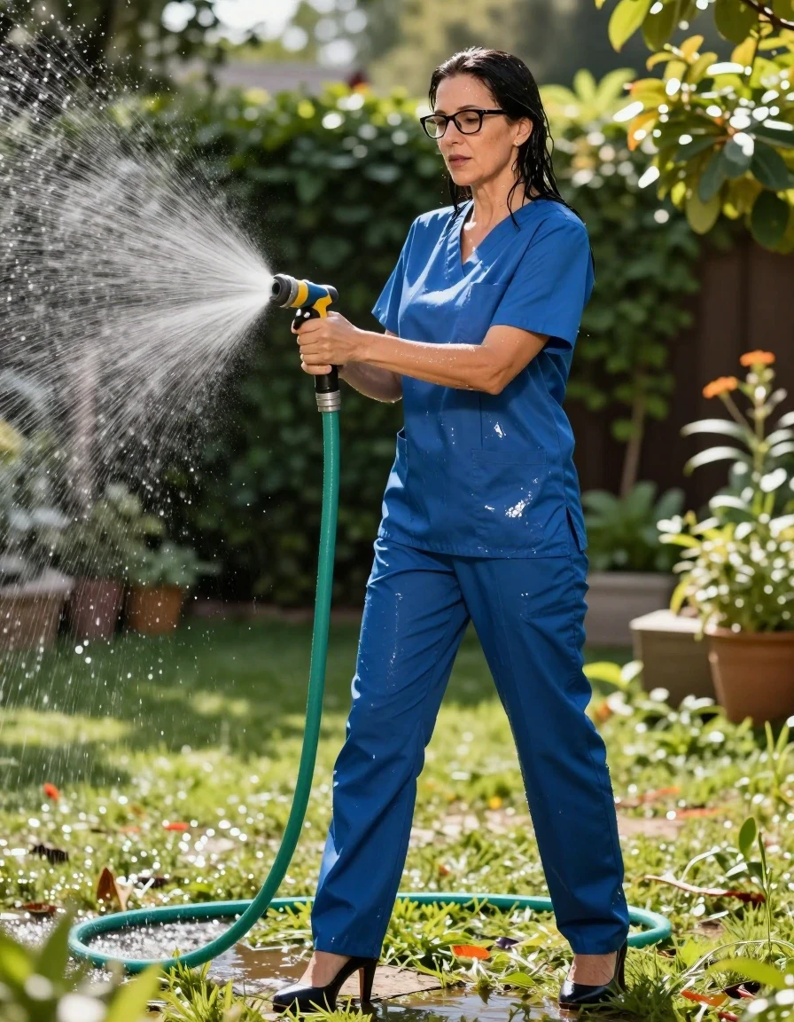 photo of young woman, in soaking wet, drenched clothes,
high-heeled shoes, blue shiny scrubs, blue shiny scrubs, spraying each other with the hose in the sunny garden, enjoying wet clothes stuck body, enjoying, wet clothes stuck to body, 
enjoying, wet clothes stuck to body,
detailed textures of the wet clothes, wet face, wet plastered hair,
wet, drenched, professional, high-quality details, full body view.
sharp focus, ultra-high pixel detail, realistic, high-quality, full colors, incredibly detailed, 4k, 8k, 16k, hyper-realistic, RAW photo, masterpiece, ultra-detailed, professionally color graded, professional photograph, europen brunette skinny woman 50 years old, long dark black hair, office glasses, very big and thick lips, complete body, wet skin, wet clothes, damp fabric, wet skin, wet clothes, damp fabric, wet skin, wet clothes, damp fabric, wet skin, wet clothes, damp fabric, wet skin, wet clothes, damp fabric, wet skin, wet clothes, damp fabric, wet skin, wet clothes, damp fabric