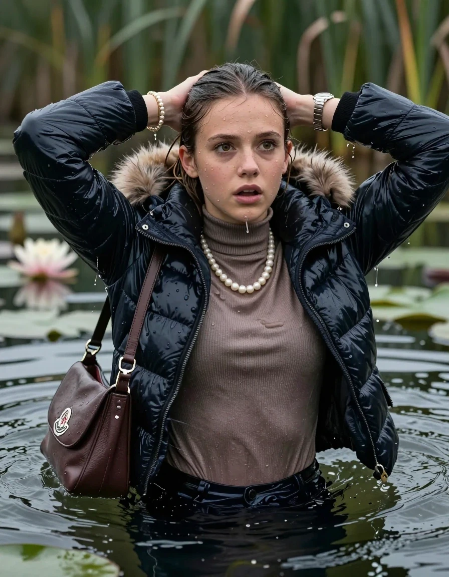 photo of young woman, in soaking wet, drenched clothes,
, , Moncler shiny puffer down jacket with fur, open jacket,  tight turtleneck sweater belly free, shoulderbag, pearl necklace, bracelet, wristwatch, Swimming and sinking deep into the water after diving in a lake with water lilies and reeds, 
enjoying, wet clothes stuck to body,
detailed textures of the wet clothes, wet face, wet plastered hair,
wet, drenched, professional, high-quality details, full body view.
sharp focus, ultra-high pixel detail, realistic, high-quality, full colors, incredibly detailed, 4k, 8k, 16k, hyper-realistic, RAW photo, masterpiece, ultra-detailed, professionally color graded, professional photograph, Sleek ponytail 

15 years old  teenage girl

Looking up at camera, Whole body and shoulders are submerged under the surface. horny eyes.

she is completely underwater up to her neck,  fearful and shocked expression. 

Leaning back. Hands over head. 

her submerged clothes are hardly vusible under water, she soaked her handbag into the water
she is completely underwater up to her neck, afraid and astonished expression. 

her clothing is soaking wet and clinging tightly to her skin, showing heavy wet folds, darkened fabric texture, and deep water-saturated Patches, her clothes are heavy from the water, water runs from her body and her clothes in streams. A lot of water also runs out of her clothes. Her clothes are darkened by the water. Her submerged clothes are good visible under the water.  she soaked her handbag into the water.

close up view, wet skin, wet clothes, wet hair, damp fabric, water runs down the clothes, wet skin, wet clothes, damp fabric. cinematic medium shot, hyper-realistic wetness, high-contrast water sheen, sharp focus, 16k resolution, professional photography, realistic water physics., wet skin, wet clothes, damp fabric, wet skin, wet clothes, damp fabric, wet skin, wet clothes, damp fabric, wet skin, wet clothes, damp fabric