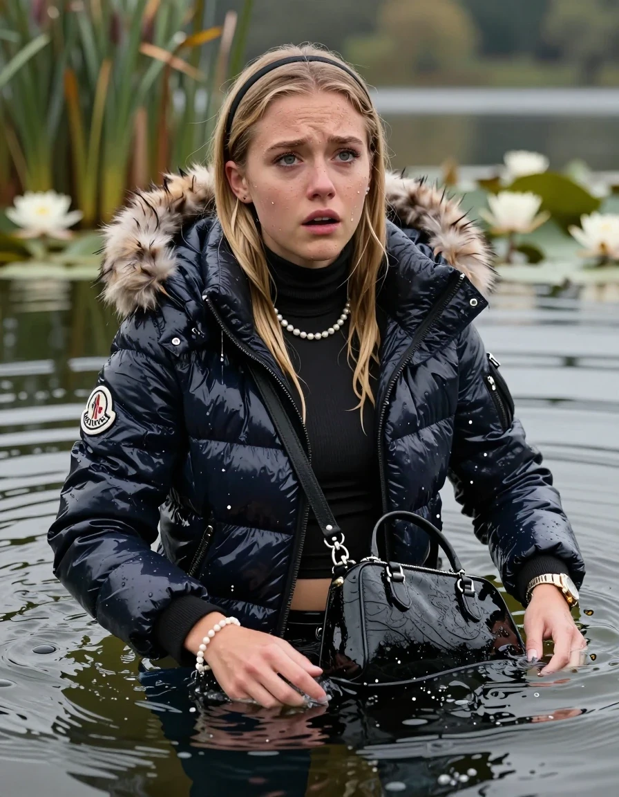 photo of young woman, in soaking wet, drenched clothes,
, , Moncler shiny puffer down jacket with fur, open jacket,  tight turtleneck sweater belly free, shoulderbag, pearl necklace, bracelet, wristwatch, Swimming and sinking deep into the water after diving in a lake with water lilies and reeds, 
enjoying, wet clothes stuck to body,
detailed textures of the wet clothes, wet face, wet plastered hair,
wet, drenched, professional, high-quality details, full body view.
sharp focus, ultra-high pixel detail, realistic, high-quality, full colors, incredibly detailed, 4k, 8k, 16k, hyper-realistic, RAW photo, masterpiece, ultra-detailed, professionally color graded, professional photograph, blonde Sleek long straight hair, hairband

15 years old  teenage girl

Looking up at camera, Whole body and shoulders are submerged under the surface. horny eyes. Make-up.

she is completely underwater up to her neck,  crying and astonished expression. 

Leaning back. 

her submerged clothes are hardly vusible under water, she soaked her handbag into the water
she is completely underwater up to her neck, afraid and astonished expression. 

her clothing is soaking wet and clinging tightly to her skin, showing heavy wet folds, darkened fabric texture, and deep water-saturated Patches, her clothes are heavy from the water, water runs from her body and her clothes in streams. A lot of water also runs out of her clothes. Her clothes are darkened by the water. Her submerged clothes are good visible under the water.  she soaked her handbag into the water.

close up view, wet skin, wet clothes, wet hair, damp fabric, water runs down the clothes, wet skin, wet clothes, damp fabric. cinematic medium shot, hyper-realistic wetness, high-contrast water sheen, sharp focus, 16k resolution, professional photography, realistic water physics., wet skin, wet clothes, damp fabric, wet skin, wet clothes, damp fabric, wet skin, wet clothes, damp fabric, wet skin, wet clothes, damp fabric, wet skin, wet clothes, damp fabric