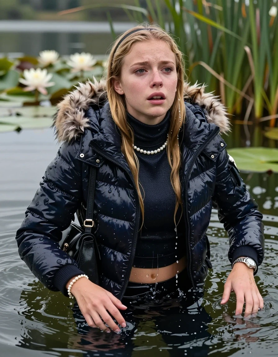 photo of young woman, in soaking wet, drenched clothes,
, , Moncler shiny puffer down jacket with fur, open jacket,  tight turtleneck sweater belly free, shoulderbag, pearl necklace, bracelet, wristwatch, Swimming and sinking deep into the water after diving in a lake with water lilies and reeds, 
enjoying, wet clothes stuck to body,
detailed textures of the wet clothes, wet face, wet plastered hair,
wet, drenched, professional, high-quality details, full body view.
sharp focus, ultra-high pixel detail, realistic, high-quality, full colors, incredibly detailed, 4k, 8k, 16k, hyper-realistic, RAW photo, masterpiece, ultra-detailed, professionally color graded, professional photograph, blonde Sleek long straight hair, hairband

15 years old  teenage girl

Looking up at camera, Whole body and shoulders are submerged under the surface. horny eyes. Make-up.

she is completely underwater up to her neck,  crying and astonished expression. 

Leaning back. Arms lying on the surface.

her submerged clothes are hardly vusible under water, she soaked her handbag into the water
she is completely underwater up to her neck, afraid and astonished expression. 

her clothing is soaking wet and clinging tightly to her skin, showing heavy wet folds, darkened fabric texture, and deep water-saturated Patches, her clothes are heavy from the water, water runs from her body and her clothes in streams. A lot of water also runs out of her clothes. Her clothes are darkened by the water. Her submerged clothes are good visible under the water.  she soaked her handbag into the water.

close up view, wet skin, wet clothes, wet hair, damp fabric, water runs down the clothes, wet skin, wet clothes, damp fabric. cinematic medium shot, hyper-realistic wetness, high-contrast water sheen, sharp focus, 16k resolution, professional photography, realistic water physics., wet skin, wet clothes, damp fabric, wet skin, wet clothes, damp fabric, wet skin, wet clothes, damp fabric, wet skin, wet clothes, damp fabric, wet skin, wet clothes, damp fabric