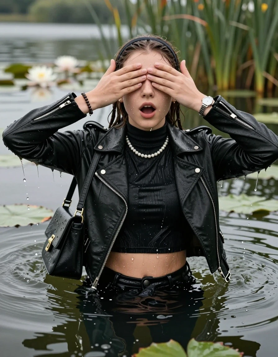 photo of young woman, in soaking wet, drenched clothes,
, , black biker leatherjacket, open jacket,  tight turtleneck sweater belly free, shoulderbag, pearl necklace, bracelet, wristwatch, Swimming and sinking deep into the water after diving in a lake with water lilies and reeds, 
enjoying, wet clothes stuck to body,
detailed textures of the wet clothes, wet face, wet plastered hair,
wet, drenched, professional, high-quality details, full body view.
sharp focus, ultra-high pixel detail, realistic, high-quality, full colors, incredibly detailed, 4k, 8k, 16k, hyper-realistic, RAW photo, masterpiece, ultra-detailed, professionally color graded, professional photograph, braided hair, hairband

15 years old  teenage girl

Looking away, Whole body and shoulders are submerged under the surface. open mouth, big eyes. Make-up.

she is completely underwater up to her neck.

one hand over her eyes.

her submerged clothes are hardly vusible under water, she soaked her handbag into the water
she is completely underwater up to her neck, astonished expression. 

her clothing is soaking wet and clinging tightly to her skin, showing heavy wet folds, darkened fabric texture, and deep water-saturated Patches, her clothes are heavy from the water, water runs from her body and her clothes in streams. A lot of water also runs out of her clothes. Her clothes are darkened by the water. Her submerged clothes are good visible under the water.  she soaked her handbag into the water.

close up view, wet skin, wet clothes, wet hair, damp fabric, water runs down the clothes, wet skin, wet clothes, damp fabric. cinematic medium shot, hyper-realistic wetness, high-contrast water sheen, sharp focus, 16k resolution, professional photography, realistic water physics., wet skin, wet clothes, damp fabric, wet skin, wet clothes, damp fabric, wet skin, wet clothes, damp fabric, wet skin, wet clothes, damp fabric, wet skin, wet clothes, damp fabric