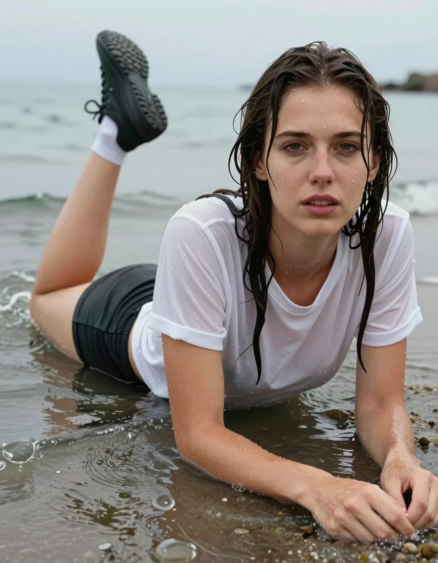 photo of young woman, in soaking wet, drenched clothes,
black sneaker, barely visible white socks, shorts, t shirt, seaside, 
enjoying, wet clothes stuck to body,
detailed textures of the wet clothes, wet face, wet plastered hair,
wet, drenched, professional, high-quality details, full body view.
sharp focus, ultra-high pixel detail, realistic, high-quality, full colors, incredibly detailed, 4k, 8k, 16k, hyper-realistic, RAW photo, masterpiece, ultra-detailed, professionally color graded, professional photograph, lying in water, wet skin, wet clothes, damp fabric