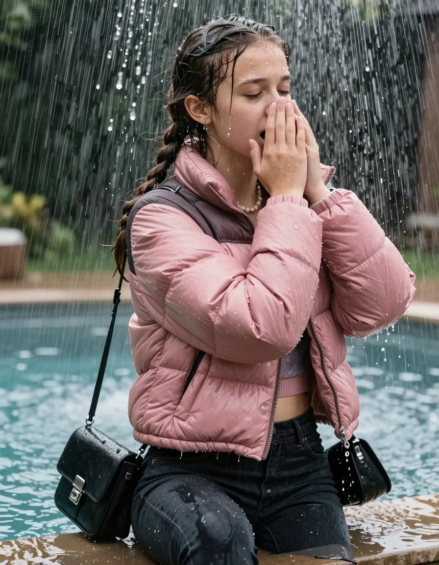 photo of young woman, in soaking wet, drenched clothes,
, Dark skinny jeans, Pink north face puffer down jacket, Open jacket, tight v-neck sweater, shoulderbag, pearl necklace, bracelet, wristwatch, Steaming outdoor jacuzzi , 
enjoying, wet clothes stuck to body,
detailed textures of the wet clothes, wet face, wet plastered hair,
wet, drenched, professional, high-quality details, full body view.
sharp focus, ultra-high pixel detail, realistic, high-quality, full colors, incredibly detailed, 4k, 8k, 16k, hyper-realistic, RAW photo, masterpiece, ultra-detailed, professionally color graded, professional photograph, A realistic vertical fashion photograph taken from a backward, behind-the-back angle of a 15-year-old teenage girl sitting on the edge of the pool while it pours water on her during a heavy storm, facing to the camera to show her back. She is tilting her head at camera, letting the water drench her hair so it is glued flat against her head and body. She has two long braids , completely saturated and dripping wet hair, with water cascading down her face and neck. Afraid and astonished expression. cover her nose with her hands. open mouth, closed eyes. The lighting is bright and cinematic, highlighting the glistening water droplets on her skin and the saturated texture of her  casual clothes. Soft, moody indoor lighting with reflections on the water. High-quality fashion photography style.
her clothing is soaking wet and clinging tightly to her skin, showing heavy wet folds, darkened fabric texture, and deep water-saturated Patches, her clothes are heavy from the water, water runs from her body and her clothes in streams. A lot of water also runs out of her clothes. Her clothes are darkened by the water. 
hyper-realistic wetness, high-contrast water sheen, sharp focus, 16k resolution, professional photography, realistic water physics., wet skin, wet clothes, damp fabric, wet skin, wet clothes, damp fabric, wet skin, wet clothes, damp fabric, wet skin, wet clothes, damp fabric, wet skin, wet clothes, damp fabric, wet skin, wet clothes, damp fabric, wet skin, wet clothes, damp fabric, wet skin, wet clothes, damp fabric, wet skin, wet clothes, damp fabric, wet skin, wet clothes, damp fabric, wet skin, wet clothes, damp fabric, wet skin, wet clothes, damp fabric, wet skin, wet clothes, damp fabric, wet skin, wet clothes, damp fabric, wet skin, wet clothes, damp fabric, wet skin, wet clothes, damp fabric