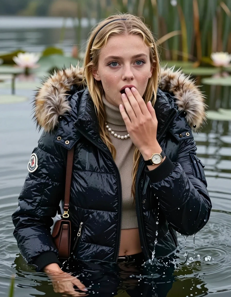 photo of young woman, in soaking wet, drenched clothes,
, , Moncler shiny puffer down jacket with fur, open jacket,  tight turtleneck sweater belly free, shoulderbag, pearl necklace, bracelet, wristwatch, Swimming and sinking deep into the water after diving in a lake with water lilies and reeds, 
enjoying, wet clothes stuck to body,
detailed textures of the wet clothes, wet face, wet plastered hair,
wet, drenched, professional, high-quality details, full body view.
sharp focus, ultra-high pixel detail, realistic, high-quality, full colors, incredibly detailed, 4k, 8k, 16k, hyper-realistic, RAW photo, masterpiece, ultra-detailed, professionally color graded, professional photograph, blonde Sleek long straight hair, hairband

15 years old  teenage girl

Looking up at camera, Whole body and shoulders are submerged under the surface. open mouth, big eyes. Make-up.

she is completely underwater up to her neck.

one hand over her mouth.

her submerged clothes are hardly vusible under water, she soaked her handbag into the water
she is completely underwater up to her neck, afraid and astonished expression. 

her clothing is soaking wet and clinging tightly to her skin, showing heavy wet folds, darkened fabric texture, and deep water-saturated Patches, her clothes are heavy from the water, water runs from her body and her clothes in streams. A lot of water also runs out of her clothes. Her clothes are darkened by the water. Her submerged clothes are good visible under the water.  she soaked her handbag into the water.

close up view, wet skin, wet clothes, wet hair, damp fabric, water runs down the clothes, wet skin, wet clothes, damp fabric. cinematic medium shot, hyper-realistic wetness, high-contrast water sheen, sharp focus, 16k resolution, professional photography, realistic water physics., wet skin, wet clothes, damp fabric, wet skin, wet clothes, damp fabric, wet skin, wet clothes, damp fabric, wet skin, wet clothes, damp fabric, wet skin, wet clothes, damp fabric