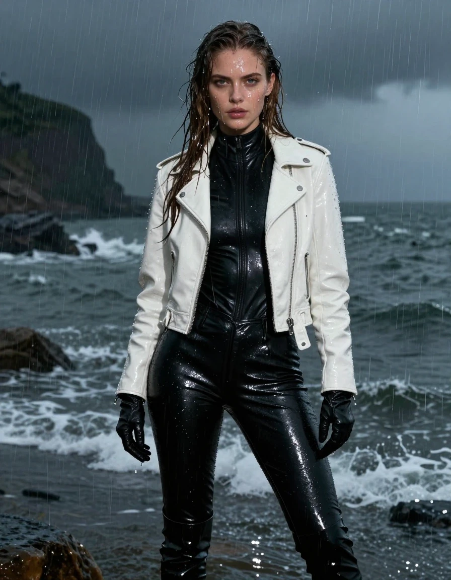A stunning young adult European woman with long, dripping wet brown hair, standing at a coastal cove during a dark, stormy night with heavy rain. Her skin is glistening and drenched, with water droplets cascading down her face and neck. She is wearing a black leather polar neck catsuit that is clinging to her body, with visible water sheen and heavy wet texture on the material. Over this, she wears a white biker leather jacket, heavily soaked and darkened by the downpour. Completing her outfit are black leather pants and black leather knee-high boots, both showing deep, glossy reflections from the rain. She wears black leather gloves on both hands. The fabric of her clothing is saturated, clinging to her form with realistic weight and folds. The atmosphere is moody and cinematic, with rain-slicked surfaces and dramatic, low-light coastal lighting. High-resolution, photorealistic, sharp focus, 8k, detailed textures, emphasizing the wet-look aesthetic.