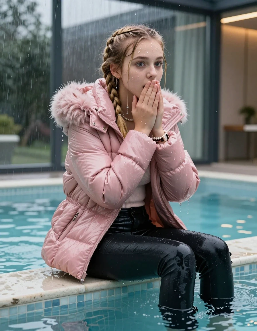 photo of young woman, in soaking wet, drenched clothes,
, Dark skinny jeans, pink moncler shiny puffer down coat with fur, Open jacket, tight v-neck sweater, shoulderbag, pearl necklace, bracelet, wristwatch, Steaming indoor jacuzzi , 
enjoying, wet clothes stuck to body,
detailed textures of the wet clothes, wet face, wet plastered hair,
wet, drenched, professional, high-quality details, full body view.
sharp focus, ultra-high pixel detail, realistic, high-quality, full colors, incredibly detailed, 4k, 8k, 16k, hyper-realistic, RAW photo, masterpiece, ultra-detailed, professionally color graded, professional photograph, A realistic vertical fashion photograph taken from a backward, behind-the-back angle of a 15-year-old teenage girl sitting  in a glass-walled outdoor swimming pool, facing to the camera to show her back. She is tilting her head at camera, letting the water drench her hair so it is glued flat against her head and body. She has two blonde long braids , completely saturated and dripping wet hair, with water cascading down her face and neck. Afraid and astonished expression. cover her mouth with her hands. open mouth, big eyes. The lighting is bright and cinematic, highlighting the glistening water droplets on her skin and the saturated texture of her  casual clothes. Outside the large glass wall of the pool building, heavy rain is visible falling against the window. Soft, moody indoor lighting with reflections on the water. High-quality fashion photography style.
her clothing is soaking wet and clinging tightly to her skin, showing heavy wet folds, darkened fabric texture, and deep water-saturated Patches, her clothes are heavy from the water, water runs from her body and her clothes in streams. A lot of water also runs out of her clothes. Her clothes are darkened by the water. 
hyper-realistic wetness, high-contrast water sheen, sharp focus, 16k resolution, professional photography, realistic water physics., wet skin, wet clothes, damp fabric, wet skin, wet clothes, damp fabric, wet skin, wet clothes, damp fabric, wet skin, wet clothes, damp fabric, wet skin, wet clothes, damp fabric, wet skin, wet clothes, damp fabric, wet skin, wet clothes, damp fabric, wet skin, wet clothes, damp fabric, wet skin, wet clothes, damp fabric, wet skin, wet clothes, damp fabric, wet skin, wet clothes, damp fabric, wet skin, wet clothes, damp fabric, wet skin, wet clothes, damp fabric, wet skin, wet clothes, damp fabric, wet skin, wet clothes, damp fabric, wet skin, wet clothes, damp fabric, wet skin, wet clothes, damp fabric