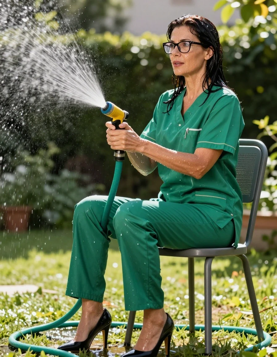photo of young woman, in soaking wet, drenched clothes,
high-heeled shoes, shiny green scrubs, shiny green scrubs, spraying each other with the hose in the sunny garden, enjoying wet clothes stuck body, enjoying, wet clothes stuck to body, 
enjoying, wet clothes stuck to body,
detailed textures of the wet clothes, wet face, wet plastered hair,
wet, drenched, professional, high-quality details, full body view.
sharp focus, ultra-high pixel detail, realistic, high-quality, full colors, incredibly detailed, 4k, 8k, 16k, hyper-realistic, RAW photo, masterpiece, ultra-detailed, professionally color graded, professional photograph, on the chair, europen brunette skinny woman 50 years old, long dark black hair, office glasses, very big and thick lips, complete body, wet skin, wet clothes, damp fabric, wet skin, wet clothes, damp fabric, wet skin, wet clothes, damp fabric, wet skin, wet clothes, damp fabric, wet skin, wet clothes, damp fabric, wet skin, wet clothes, damp fabric, wet skin, wet clothes, damp fabric