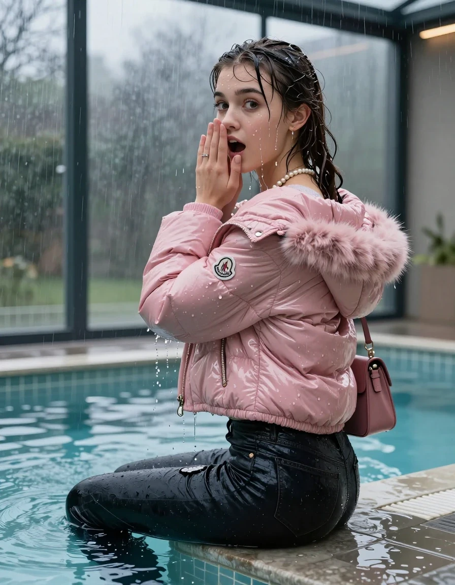 photo of young woman, in soaking wet, drenched clothes,
, Dark skinny jeans, pink moncler shiny puffer down coat with fur, Open jacket, tight v-neck sweater, shoulderbag, pearl necklace, bracelet, wristwatch, Steaming indoor jacuzzi , 
enjoying, wet clothes stuck to body,
detailed textures of the wet clothes, wet face, wet plastered hair,
wet, drenched, professional, high-quality details, full body view.
sharp focus, ultra-high pixel detail, realistic, high-quality, full colors, incredibly detailed, 4k, 8k, 16k, hyper-realistic, RAW photo, masterpiece, ultra-detailed, professionally color graded, professional photograph, A realistic vertical fashion photograph taken from a backward, behind-the-back angle of a 15-year-old teenage girl sitting  in a glass-walled outdoor swimming pool, facing to the camera to show her back. She is tilting her head at camera, letting the water drench her hair so it is glued flat against her head and body. She has a sleek ponytail with bangs , completely saturated and dripping wet hair, with water cascading down her face and neck. Afraid and astonished expression. cover her mouth with her hands. open mouth, big eyes. The lighting is bright and cinematic, highlighting the glistening water droplets on her skin and the saturated texture of her  casual clothes. Outside the large glass wall of the pool building, heavy rain is visible falling against the window. Soft, moody indoor lighting with reflections on the water. High-quality fashion photography style.
her clothing is soaking wet and clinging tightly to her skin, showing heavy wet folds, darkened fabric texture, and deep water-saturated Patches, her clothes are heavy from the water, water runs from her body and her clothes in streams. A lot of water also runs out of her clothes. Her clothes are darkened by the water. 
hyper-realistic wetness, high-contrast water sheen, sharp focus, 16k resolution, professional photography, realistic water physics., wet skin, wet clothes, damp fabric, wet skin, wet clothes, damp fabric, wet skin, wet clothes, damp fabric, wet skin, wet clothes, damp fabric, wet skin, wet clothes, damp fabric, wet skin, wet clothes, damp fabric, wet skin, wet clothes, damp fabric, wet skin, wet clothes, damp fabric, wet skin, wet clothes, damp fabric, wet skin, wet clothes, damp fabric, wet skin, wet clothes, damp fabric, wet skin, wet clothes, damp fabric, wet skin, wet clothes, damp fabric, wet skin, wet clothes, damp fabric, wet skin, wet clothes, damp fabric, wet skin, wet clothes, damp fabric, wet skin, wet clothes, damp fabric