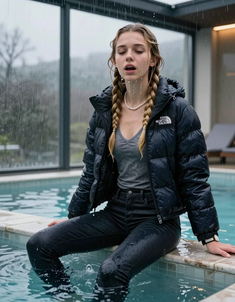photo of young woman, in soaking wet, drenched clothes,
, Dark skinny jeans,  north face puffer down jacket, Open jacket, tight v-neck sweater, shoulderbag, pearl necklace, bracelet, wristwatch, Steaming indoor jacuzzi , 
enjoying, wet clothes stuck to body,
detailed textures of the wet clothes, wet face, wet plastered hair,
wet, drenched, professional, high-quality details, full body view.
sharp focus, ultra-high pixel detail, realistic, high-quality, full colors, incredibly detailed, 4k, 8k, 16k, hyper-realistic, RAW photo, masterpiece, ultra-detailed, professionally color graded, professional photograph, A realistic vertical fashion photograph of a 15-year-old teenage girl sitting  in a glass-walled outdoor swimming pool, legs apart, masterbating , facing to the camera to show her back. She is tilting her head at camera, letting the water drench her hair so it is glued flat against her head and body. She has two blonde long braids , completely saturated and dripping wet hair, with water cascading down her face and neck. Afraid and astonished expression. open mouth, closed eyes. The lighting is bright and cinematic, highlighting the glistening water droplets on her skin and the saturated texture of her  casual clothes. Outside the large glass wall of the pool building, heavy rain is visible falling against the window. Soft, moody indoor lighting with reflections on the water. High-quality fashion photography style.
her clothing is soaking wet and clinging tightly to her skin, showing heavy wet folds, darkened fabric texture, and deep water-saturated Patches, her clothes are heavy from the water, water runs from her body and her clothes in streams. A lot of water also runs out of her clothes. Her clothes are darkened by the water. 
hyper-realistic wetness, high-contrast water sheen, sharp focus, 16k resolution, professional photography, realistic water physics., wet skin, wet clothes, damp fabric, wet skin, wet clothes, damp fabric, wet skin, wet clothes, damp fabric, wet skin, wet clothes, damp fabric, wet skin, wet clothes, damp fabric, wet skin, wet clothes, damp fabric, wet skin, wet clothes, damp fabric, wet skin, wet clothes, damp fabric, wet skin, wet clothes, damp fabric, wet skin, wet clothes, damp fabric, wet skin, wet clothes, damp fabric, wet skin, wet clothes, damp fabric, wet skin, wet clothes, damp fabric, wet skin, wet clothes, damp fabric, wet skin, wet clothes, damp fabric, wet skin, wet clothes, damp fabric