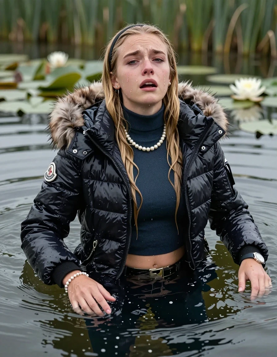 photo of young woman, in soaking wet, drenched clothes,
, , Moncler shiny puffer down jacket with fur, open jacket,  tight turtleneck sweater belly free, shoulderbag, pearl necklace, bracelet, wristwatch, Swimming and sinking deep into the water after diving in a lake with water lilies and reeds, 
enjoying, wet clothes stuck to body,
detailed textures of the wet clothes, wet face, wet plastered hair,
wet, drenched, professional, high-quality details, full body view.
sharp focus, ultra-high pixel detail, realistic, high-quality, full colors, incredibly detailed, 4k, 8k, 16k, hyper-realistic, RAW photo, masterpiece, ultra-detailed, professionally color graded, professional photograph, blonde Sleek long straight hair, hairband

15 years old  teenage girl

Looking up at camera, Whole body and shoulders are submerged under the surface. open mouth, half closed eyes. Make-up.

she is completely underwater up to her neck,  crying and astonished expression. 

Leaning back. Arms lying on the surface.

her submerged clothes are hardly vusible under water, she soaked her handbag into the water
she is completely underwater up to her neck, afraid and astonished expression. 

her clothing is soaking wet and clinging tightly to her skin, showing heavy wet folds, darkened fabric texture, and deep water-saturated Patches, her clothes are heavy from the water, water runs from her body and her clothes in streams. A lot of water also runs out of her clothes. Her clothes are darkened by the water. Her submerged clothes are good visible under the water.  she soaked her handbag into the water.

close up view, wet skin, wet clothes, wet hair, damp fabric, water runs down the clothes, wet skin, wet clothes, damp fabric. cinematic medium shot, hyper-realistic wetness, high-contrast water sheen, sharp focus, 16k resolution, professional photography, realistic water physics., wet skin, wet clothes, damp fabric, wet skin, wet clothes, damp fabric, wet skin, wet clothes, damp fabric, wet skin, wet clothes, damp fabric, wet skin, wet clothes, damp fabric