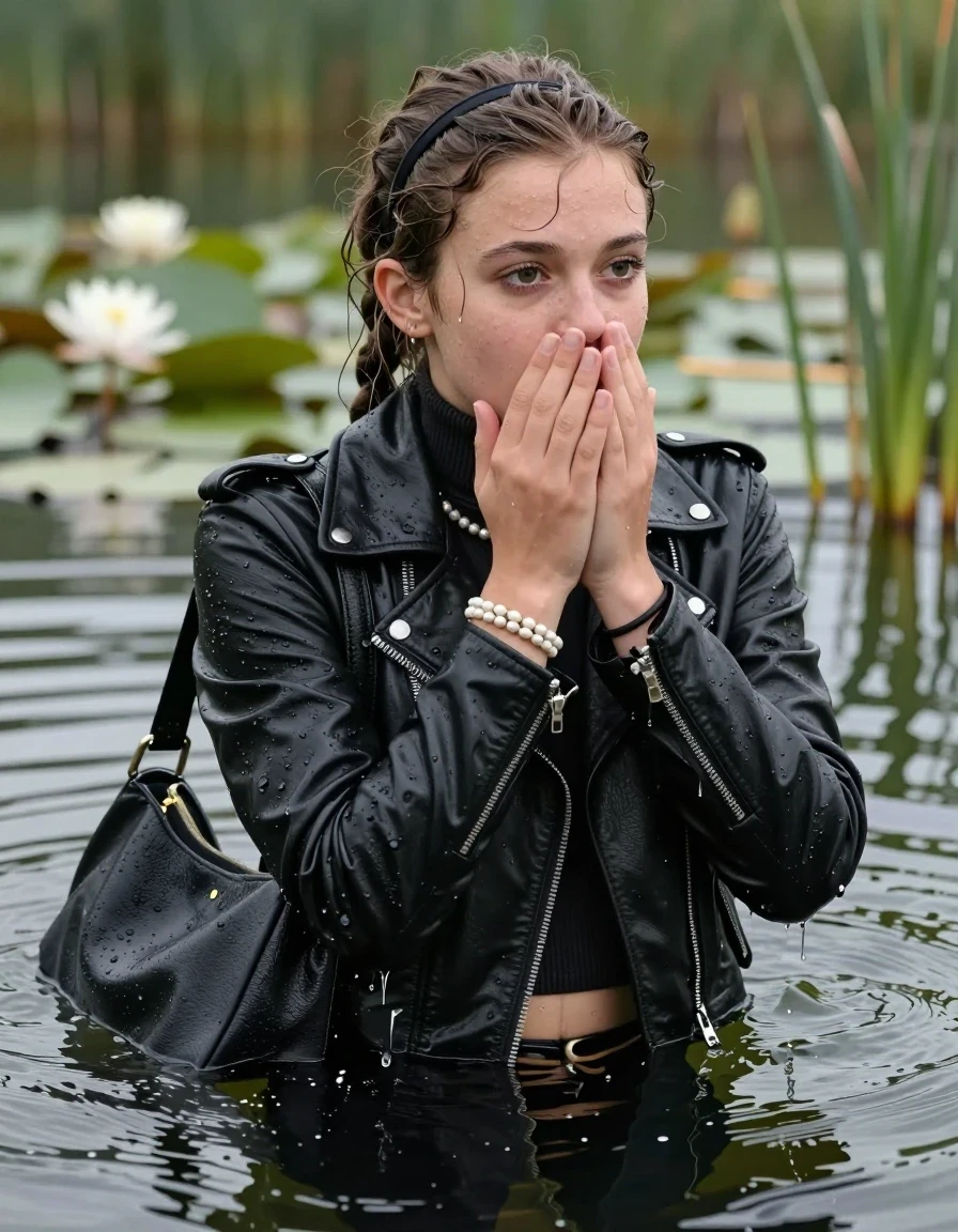 photo of young woman, in soaking wet, drenched clothes,
, , black biker leatherjacket,  closed jacket, tight knit turtleneck sweater belly free, shoulderbag, pearl necklace, bracelet, wristwatch, Swimming and sinking deep into the water after diving in a lake with water lilies and reeds, 
enjoying, wet clothes stuck to body,
detailed textures of the wet clothes, wet face, wet plastered hair,
wet, drenched, professional, high-quality details, full body view.
sharp focus, ultra-high pixel detail, realistic, high-quality, full colors, incredibly detailed, 4k, 8k, 16k, hyper-realistic, RAW photo, masterpiece, ultra-detailed, professionally color graded, professional photograph, braided hair, hairband

15 years old  teenage girl

Looking away, Whole body and shoulders are submerged under the surface. open mouth, big eyes. Make-up.

she is completely underwater up to her neck.

hands cover mouth and nose.

her submerged clothes are hardly vusible under water, she soaked her handbag into the water
she is completely underwater up to her neck, astonished expression. 

her clothing is soaking wet and clinging tightly to her skin, showing heavy wet folds, darkened fabric texture, and deep water-saturated Patches, her clothes are heavy from the water, water runs from her body and her clothes in streams. A lot of water also runs out of her clothes. Her clothes are darkened by the water. Her submerged clothes are good visible under the water.  she soaked her handbag into the water.

close up view, wet skin, wet clothes, wet hair, damp fabric, water runs down the clothes, wet skin, wet clothes, damp fabric. cinematic medium shot, hyper-realistic wetness, high-contrast water sheen, sharp focus, 16k resolution, professional photography, realistic water physics., wet skin, wet clothes, damp fabric, wet skin, wet clothes, damp fabric, wet skin, wet clothes, damp fabric, wet skin, wet clothes, damp fabric, wet skin, wet clothes, damp fabric