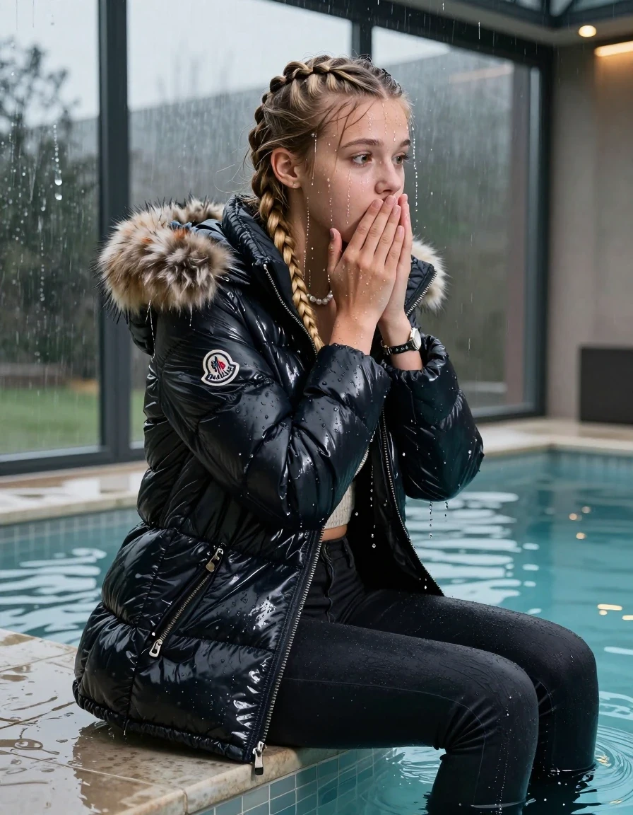 photo of young woman, in soaking wet, drenched clothes,
, Dark skinny jeans, moncler shiny puffer down coat with fur, Open jacket, tight v-neck sweater, shoulderbag, pearl necklace, bracelet, wristwatch, Steaming indoor jacuzzi , 
enjoying, wet clothes stuck to body,
detailed textures of the wet clothes, wet face, wet plastered hair,
wet, drenched, professional, high-quality details, full body view.
sharp focus, ultra-high pixel detail, realistic, high-quality, full colors, incredibly detailed, 4k, 8k, 16k, hyper-realistic, RAW photo, masterpiece, ultra-detailed, professionally color graded, professional photograph, A realistic vertical fashion photograph taken from a backward, behind-the-back angle of a 15-year-old teenage girl sitting  in a glass-walled outdoor swimming pool, facing to the camera to show her back. She is tilting her head at camera, letting the water drench her hair so it is glued flat against her head and body. She has two blonde long braids , completely saturated and dripping wet hair, with water cascading down her face and neck. Afraid and astonished expression. cover her mouth with her hands. open mouth, big eyes. The lighting is bright and cinematic, highlighting the glistening water droplets on her skin and the saturated texture of her  casual clothes. Outside the large glass wall of the pool building, heavy rain is visible falling against the window. Soft, moody indoor lighting with reflections on the water. High-quality fashion photography style.
her clothing is soaking wet and clinging tightly to her skin, showing heavy wet folds, darkened fabric texture, and deep water-saturated Patches, her clothes are heavy from the water, water runs from her body and her clothes in streams. A lot of water also runs out of her clothes. Her clothes are darkened by the water. 
hyper-realistic wetness, high-contrast water sheen, sharp focus, 16k resolution, professional photography, realistic water physics., wet skin, wet clothes, damp fabric, wet skin, wet clothes, damp fabric, wet skin, wet clothes, damp fabric, wet skin, wet clothes, damp fabric, wet skin, wet clothes, damp fabric, wet skin, wet clothes, damp fabric, wet skin, wet clothes, damp fabric, wet skin, wet clothes, damp fabric, wet skin, wet clothes, damp fabric, wet skin, wet clothes, damp fabric, wet skin, wet clothes, damp fabric, wet skin, wet clothes, damp fabric, wet skin, wet clothes, damp fabric, wet skin, wet clothes, damp fabric, wet skin, wet clothes, damp fabric, wet skin, wet clothes, damp fabric, wet skin, wet clothes, damp fabric