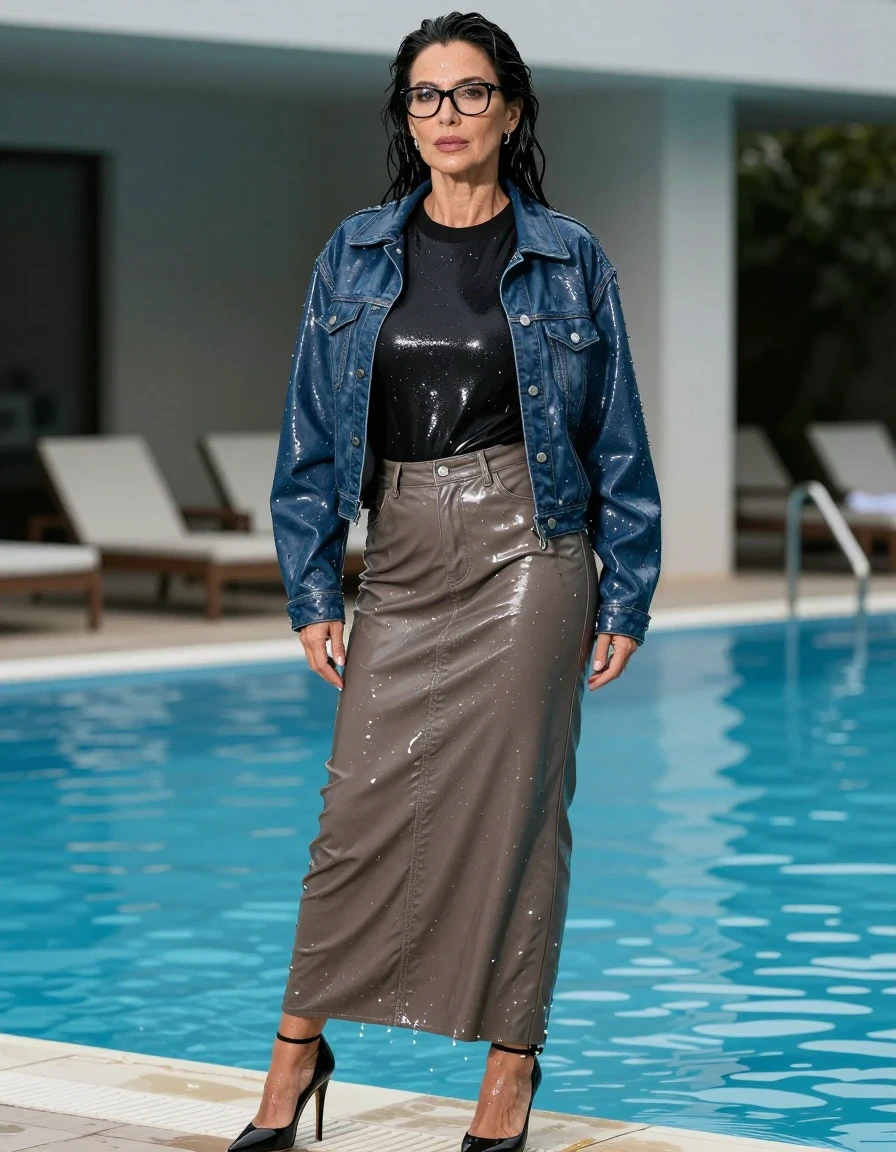 photo of young woman, in soaking wet, drenched clothes,
high-heeled shoes, shiny dark light brown leather denim maxi skirt, shiny black sweater, maxi shiny dark blue leather denim jacket, after swim in pool, enjoying wet clothes stuck body, enjoying, wet clothes stuck to body, 
enjoying, wet clothes stuck to body,
detailed textures of the wet clothes, wet face, wet plastered hair,
wet, drenched, professional, high-quality details, full body view.
sharp focus, ultra-high pixel detail, realistic, high-quality, full colors, incredibly detailed, 4k, 8k, 16k, hyper-realistic, RAW photo, masterpiece, ultra-detailed, professionally color graded, professional photograph, europen brunette skinny woman 50 years old, long dark black hair, office glasses, very big and thick lips, complete body, wet skin, wet clothes, damp fabric, wet skin, wet clothes, damp fabric, wet skin, wet clothes, damp fabric, wet skin, wet clothes, damp fabric, wet skin, wet clothes, damp fabric, wet skin, wet clothes, damp fabric, wet skin, wet clothes, damp fabric