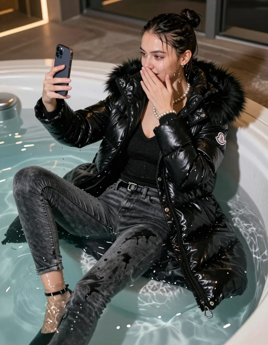photo of young woman, in soaking wet, drenched clothes,
black heels, grey skinny jeans, black moncler long shiny puffer down coat with fur, Open jacket, tight v-neck sweater, shoulderbag, pearl necklace, bracelet, wristwatch, Steaming indoor jacuzzi at night, warm lightning, 
enjoying, wet clothes stuck to body,
detailed textures of the wet clothes, wet face, wet plastered hair,
wet, drenched, professional, high-quality details, full body view.
sharp focus, ultra-high pixel detail, realistic, high-quality, full colors, incredibly detailed, 4k, 8k, 16k, hyper-realistic, RAW photo, masterpiece, ultra-detailed, professionally color graded, professional photograph, A realistic vertical fashion photograph of a 15-year-old teenage girl lying half submerged into the water of a steaming indoor jacuzzi, facing away to show her back. She is tilting her head at camera, letting the water drench her hair so it is glued flat against her head and body. She has a topknot, completely saturated and dripping wet hair, with water cascading down her face and neck. relaxed expression. She hold a hand over her mouth and nose and take a selfie with her smartphone. half closed eyes eyes. The lighting is bright and cinematic, highlighting the glistening water droplets on her skin and the saturated texture of her  casual clothes. Soft, moody indoor lighting with reflections on the water. High-quality fashion photography style.
her clothing is soaking wet and clinging tightly to her skin, showing heavy wet folds, darkened fabric texture, and deep water-saturated Patches, her clothes are heavy from the water, water runs from her body and her clothes in streams. A lot of water also runs out of her clothes. Her clothes are darkened by the water. 
hyper-realistic wetness, high-contrast water sheen, sharp focus, 16k resolution, professional photography, realistic water physics., wet skin, wet clothes, damp fabric, wet skin, wet clothes, damp fabric, wet skin, wet clothes, damp fabric, wet skin, wet clothes, damp fabric, wet skin, wet clothes, damp fabric, wet skin, wet clothes, damp fabric, wet skin, wet clothes, damp fabric, wet skin, wet clothes, damp fabric, wet skin, wet clothes, damp fabric, wet skin, wet clothes, damp fabric, wet skin, wet clothes, damp fabric, wet skin, wet clothes, damp fabric, wet skin, wet clothes, damp fabric, wet skin, wet clothes, damp fabric, wet skin, wet clothes, damp fabric, wet skin, wet clothes, damp fabric, wet skin, wet clothes, damp fabric, wet skin, wet clothes, damp fabric