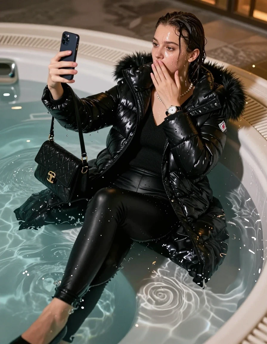 photo of young woman, in soaking wet, drenched clothes,
black heels, Tight black leatherleggings, black moncler long shiny puffer down coat with fur, Open jacket, tight v-neck sweater, shoulderbag, pearl necklace, bracelet, wristwatch, Steaming indoor jacuzzi at night, warm lightning, 
enjoying, wet clothes stuck to body,
detailed textures of the wet clothes, wet face, wet plastered hair,
wet, drenched, professional, high-quality details, full body view.
sharp focus, ultra-high pixel detail, realistic, high-quality, full colors, incredibly detailed, 4k, 8k, 16k, hyper-realistic, RAW photo, masterpiece, ultra-detailed, professionally color graded, professional photograph, A realistic vertical fashion photograph of a 15-year-old teenage girl lying half submerged into the water of a steaming indoor jacuzzi, facing away to show her back. She is tilting her head at camera, letting the water drench her hair so it is glued flat against her head and body. She has a collarbone bob, completely saturated and dripping wet hair, with water cascading down her face and neck. surprised expression. She hold a hand over her mouth and nose and take a selfie with her smartphone. open mouth, half closed eyes eyes. she soaked her handbag in the water. The lighting is bright and cinematic, highlighting the glistening water droplets on her skin and the saturated texture of her  casual clothes. Soft, moody indoor lighting with reflections on the water. High-quality fashion photography style.
her clothing is soaking wet and clinging tightly to her skin, showing heavy wet folds, darkened fabric texture, and deep water-saturated Patches, her clothes are heavy from the water, water runs from her body and her clothes in streams. A lot of water also runs out of her clothes. Her clothes are darkened by the water. 
hyper-realistic wetness, high-contrast water sheen, sharp focus, 16k resolution, professional photography, realistic water physics., wet skin, wet clothes, damp fabric, wet skin, wet clothes, damp fabric, wet skin, wet clothes, damp fabric, wet skin, wet clothes, damp fabric, wet skin, wet clothes, damp fabric, wet skin, wet clothes, damp fabric, wet skin, wet clothes, damp fabric, wet skin, wet clothes, damp fabric, wet skin, wet clothes, damp fabric, wet skin, wet clothes, damp fabric, wet skin, wet clothes, damp fabric, wet skin, wet clothes, damp fabric, wet skin, wet clothes, damp fabric, wet skin, wet clothes, damp fabric, wet skin, wet clothes, damp fabric, wet skin, wet clothes, damp fabric, wet skin, wet clothes, damp fabric, wet skin, wet clothes, damp fabric
