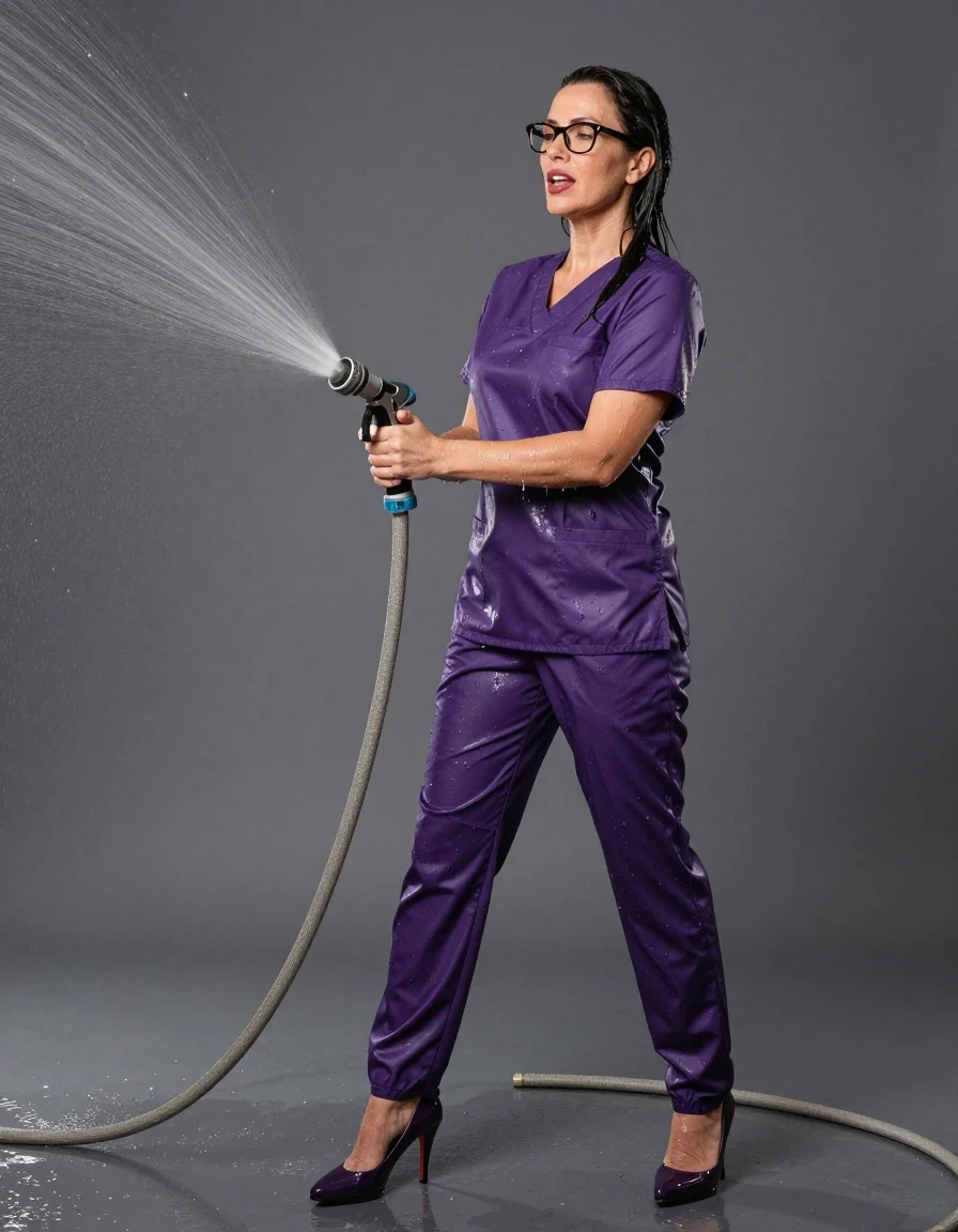 photo of young woman, in soaking wet, drenched clothes,
high-heeled shoes, shiny purple scrubs, shiny purple scrubs , spraying each other with the hose, enjoying wet clothes stuck body, enjoying, wet clothes stuck to body, 
enjoying, wet clothes stuck to body,
detailed textures of the wet clothes, wet face, wet plastered hair,
wet, drenched, professional, high-quality details, full body view.
sharp focus, ultra-high pixel detail, realistic, high-quality, full colors, incredibly detailed, 4k, 8k, 16k, hyper-realistic, RAW photo, masterpiece, ultra-detailed, professionally color graded, professional photograph, europen brunette skinny woman 50 years old, long dark black hair, office glasses, very big and thick lips, complete body, wet skin, wet clothes, damp fabric, wet skin, wet clothes, damp fabric, wet skin, wet clothes, damp fabric, wet skin, wet clothes, damp fabric, wet skin, wet clothes, damp fabric, wet skin, wet clothes, damp fabric, wet skin, wet clothes, damp fabric